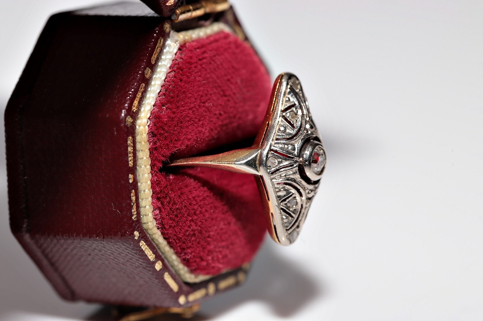 Antique Circa 1920s Art Deco 18k Gold Top Silver Natural Diamond Navette Ring