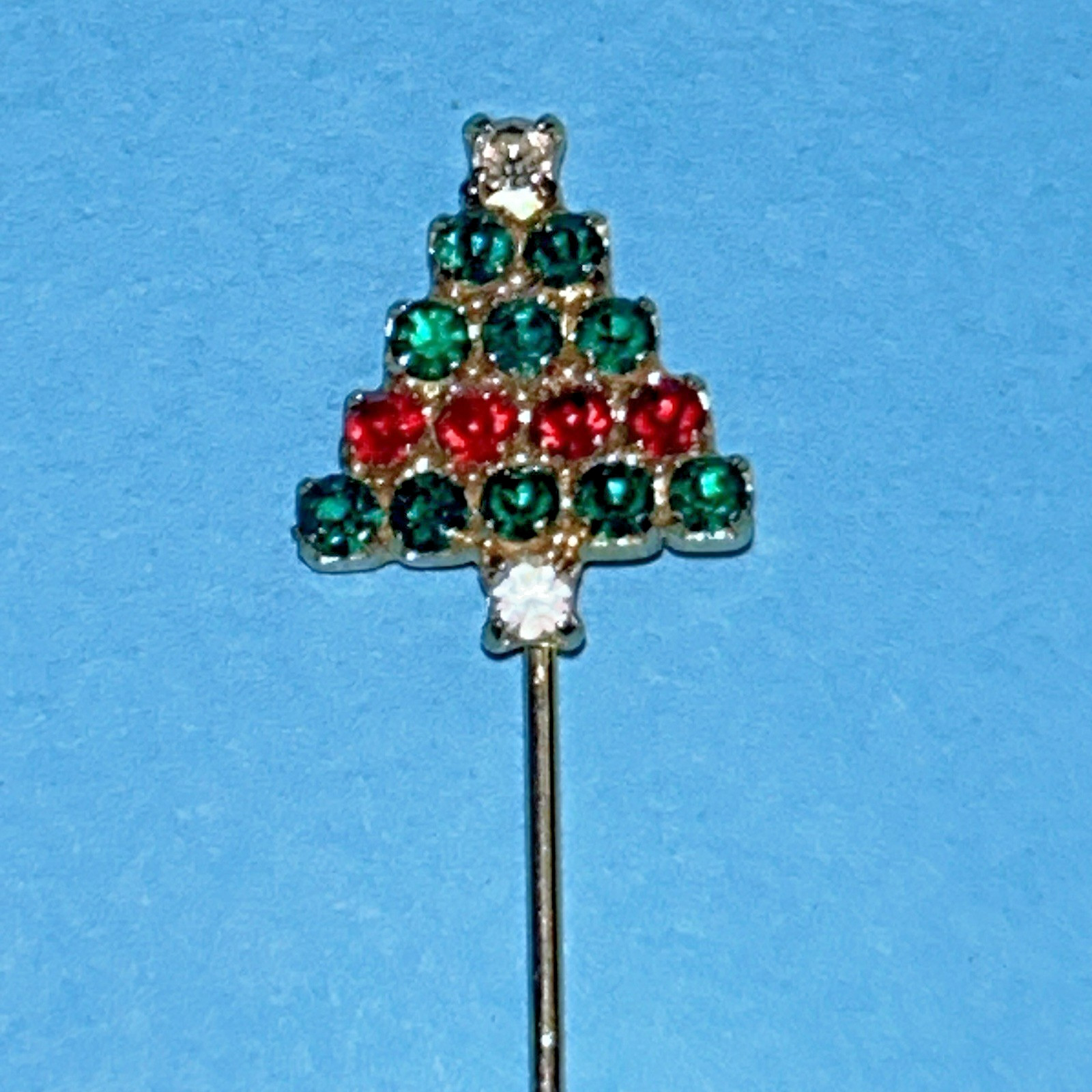 Christmas Tree Stick Pin, Prong Clamped Rhinestones, 2.75″ long, Holidays