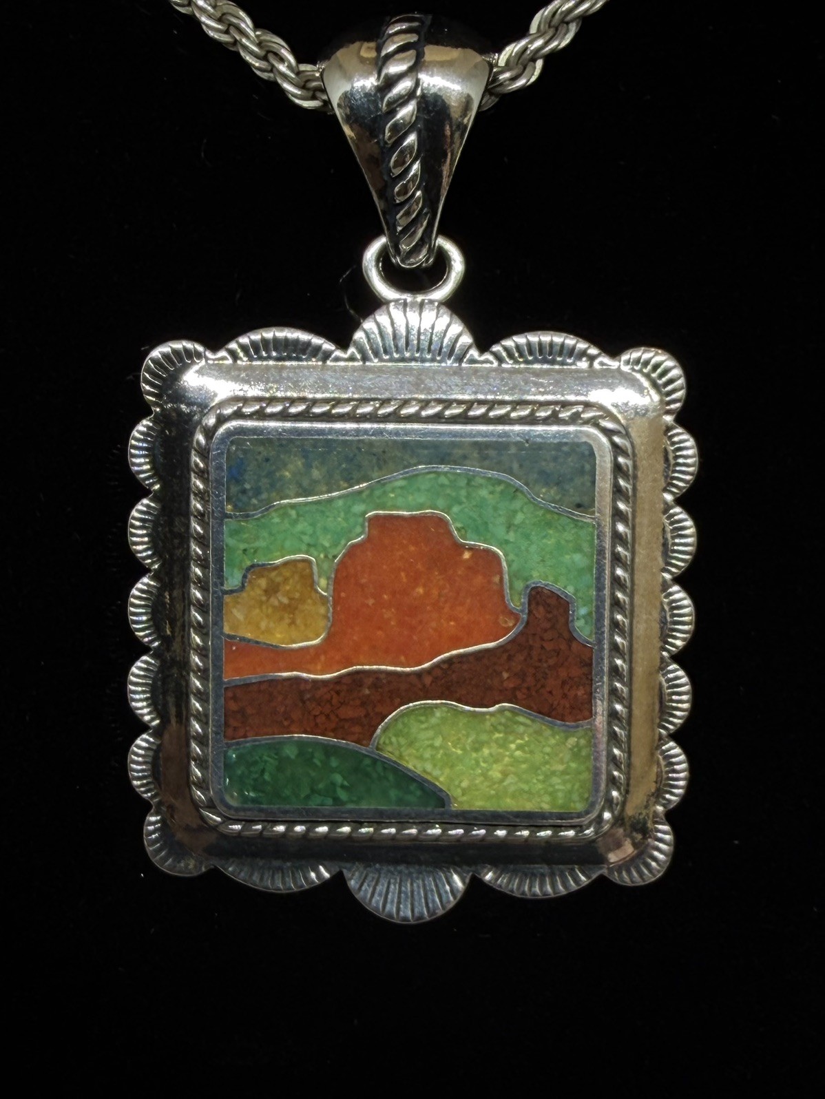 Carolyn Pollack 925 Sterling Silver Desert Scene Colorful Multi-Stone Chip Inlay