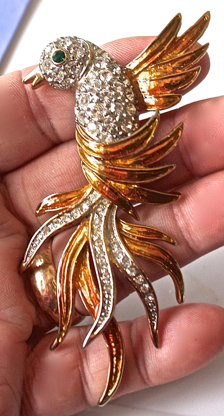 VTG Large Bird Brooch Rhinestone Enamel Gold Tone Art Nouveau Style