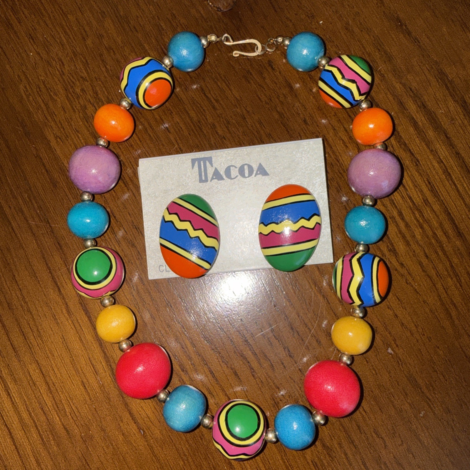 Vintage Tacoa 1908s Painted Beads In Geometric Design Necklace Earrings Set