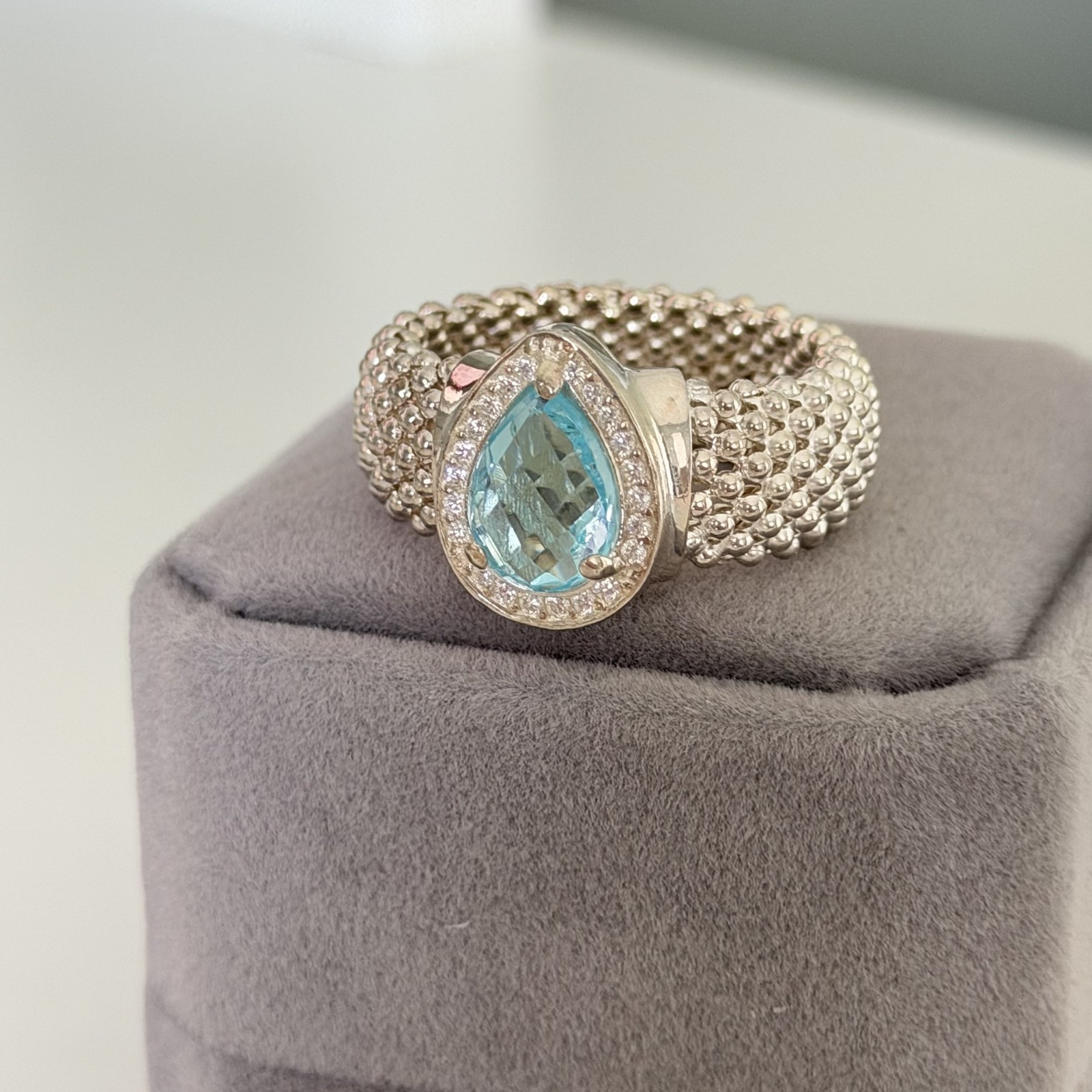 925 Italy Sterling Silver Genuine Blue Topaz Pear White Topaz Mesh Ring Size 9