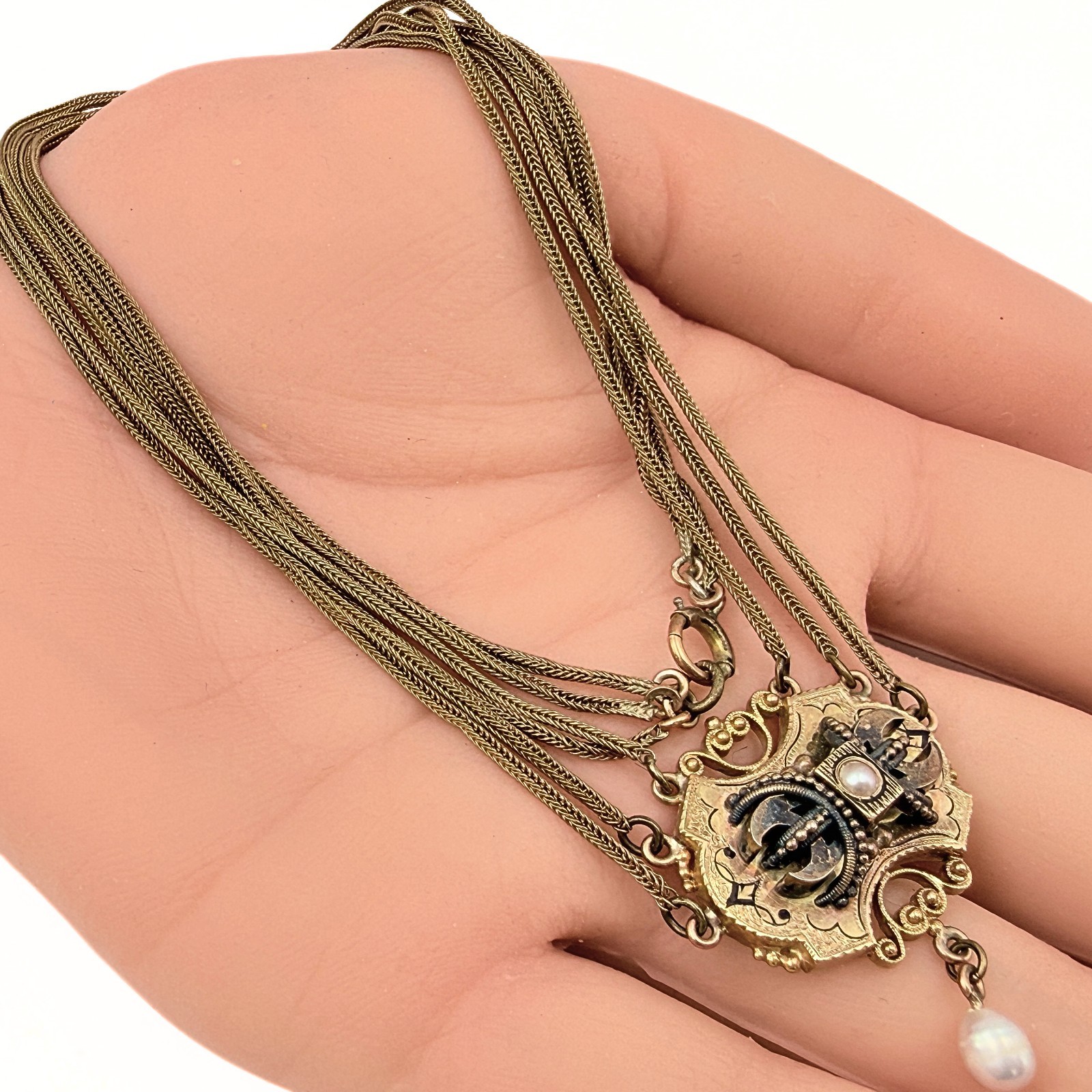 Antique Victorian 10K-14K Gold Filigreed Rice Pearl Medallion Necklace