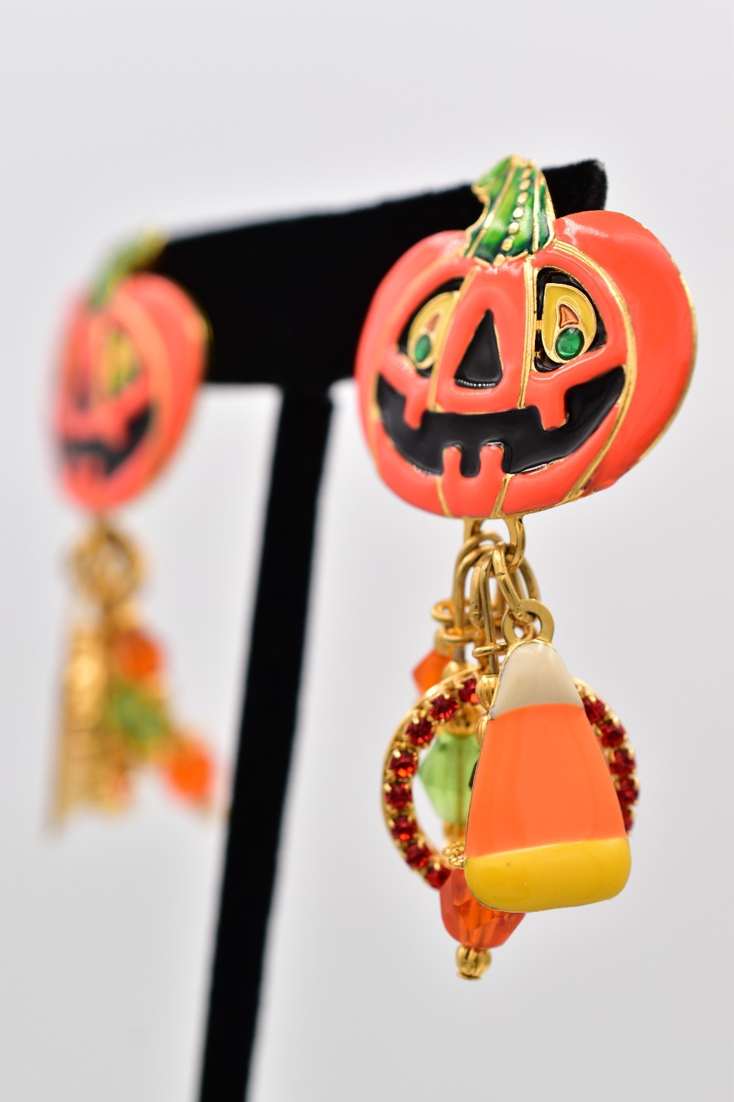 Lunch at The Ritz Halloween Pumpkin Ghost Candy Corn Charm Earrings Signed Bin1