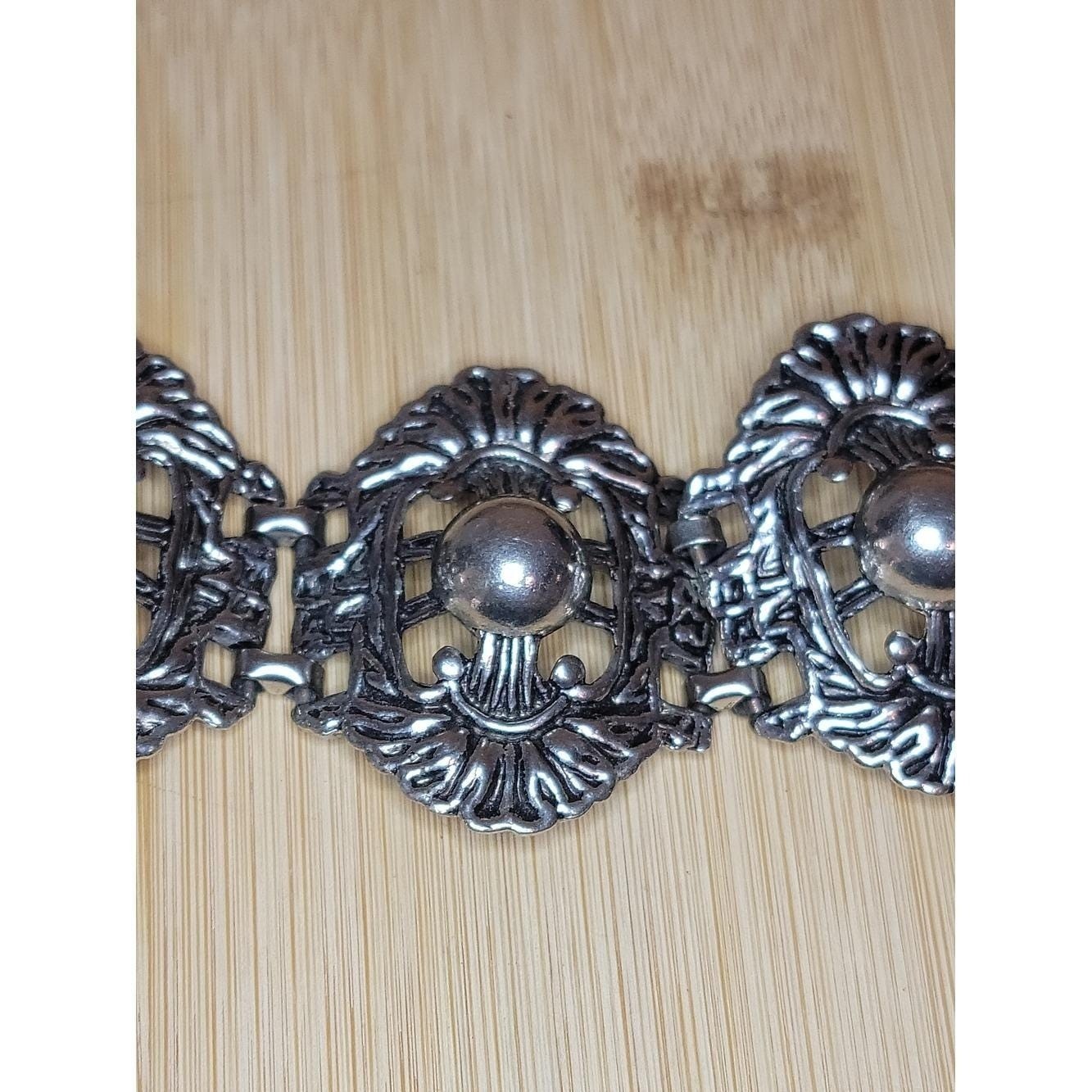 Vintage Art Deco Silver Tone Panel Bracelet Heavy Pot Metal Gothic Statement