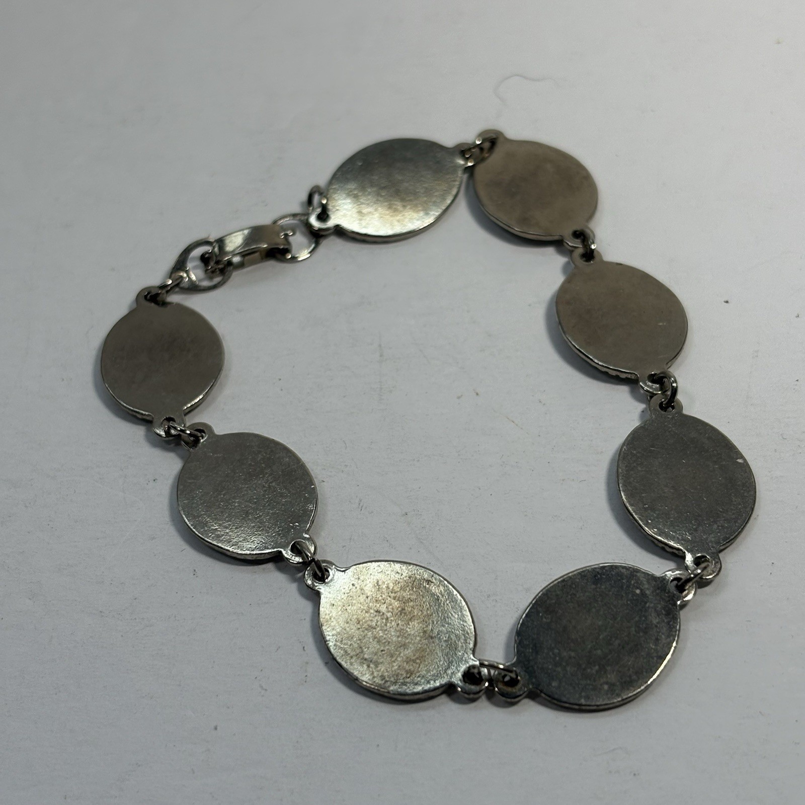 Vintage Silver Tone Abalone Link Bracelet Paua Shell Oval 8″