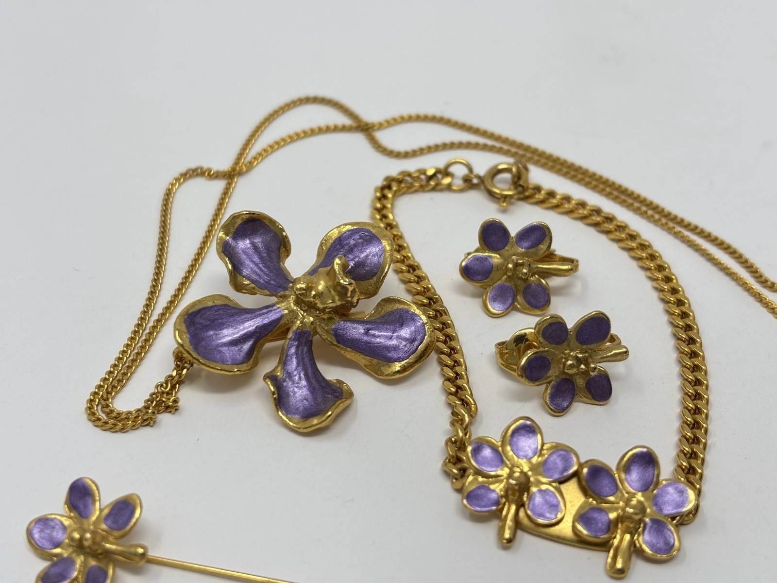 Purple Enamel Orchid Jewelry Necklace Set Pendant Bracelet Earring Pin Vintage
