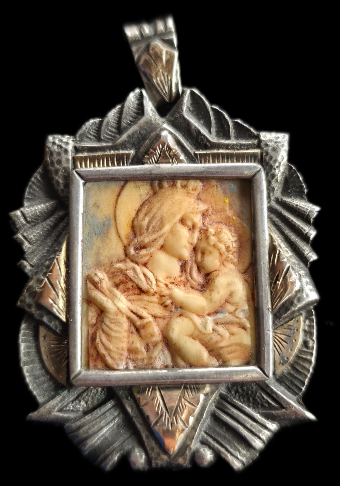 Fine Antique Art Nouveau Silver Gold Madonna Virgin Mary and Jesus Pendant C1900