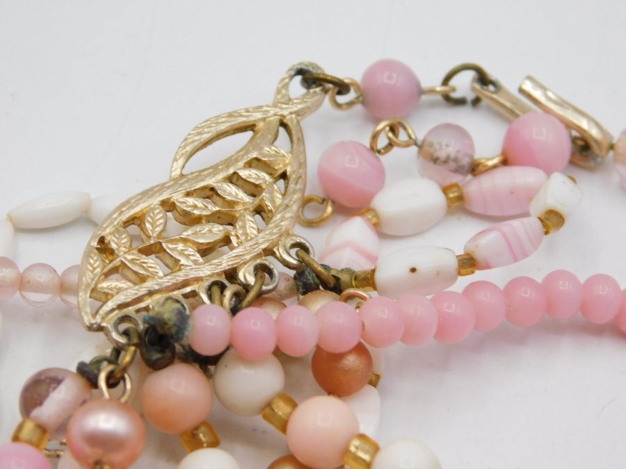 A808-VINTAGE NECKLACE~BEADED/MULTI STRAND~BOHO/CHIC~GLASS/METAL~14″-16″