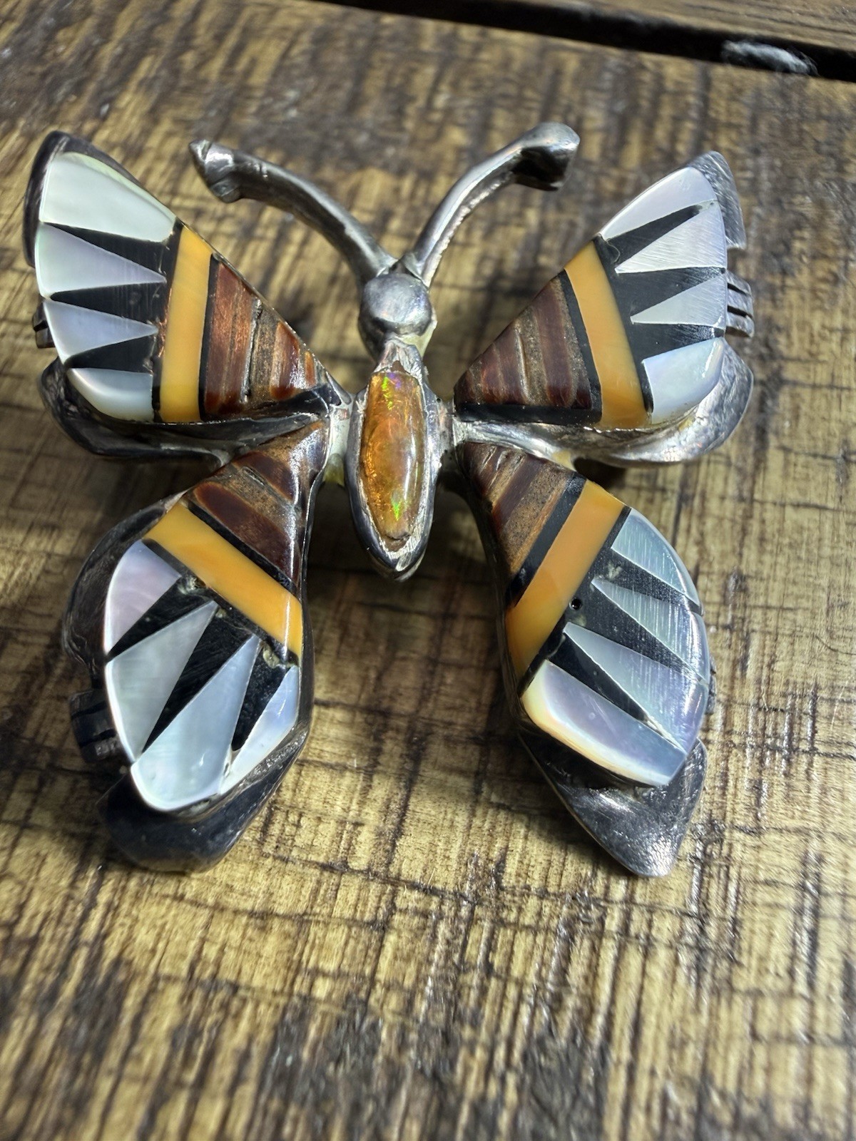 Vintage Native 925 Sterling Silver Butterfly – Pendant – Multistone – Inlay Opal