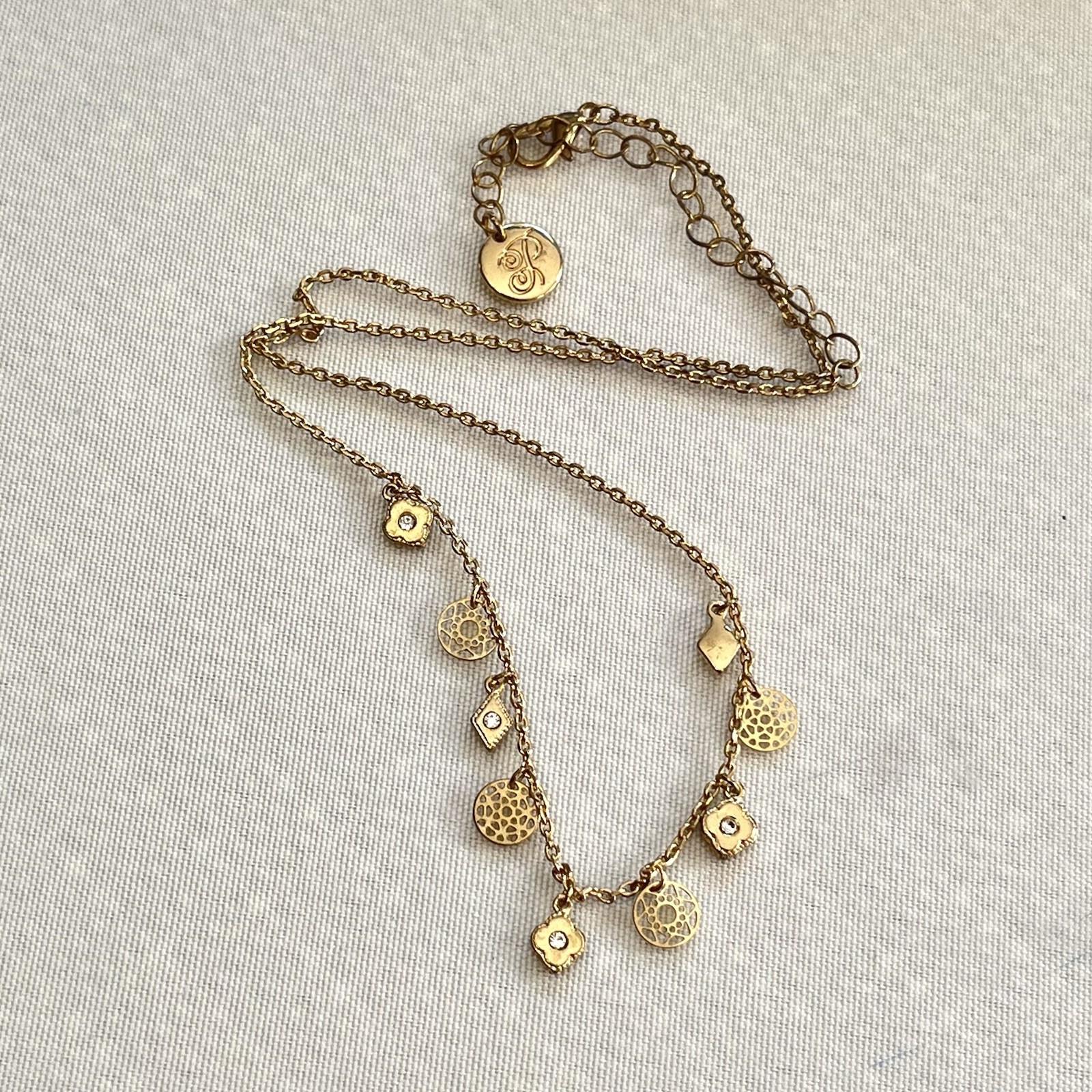 Dainty Gold Tone Rhinestone Charm Station Necklace PLUNDER DESIGNS 18″