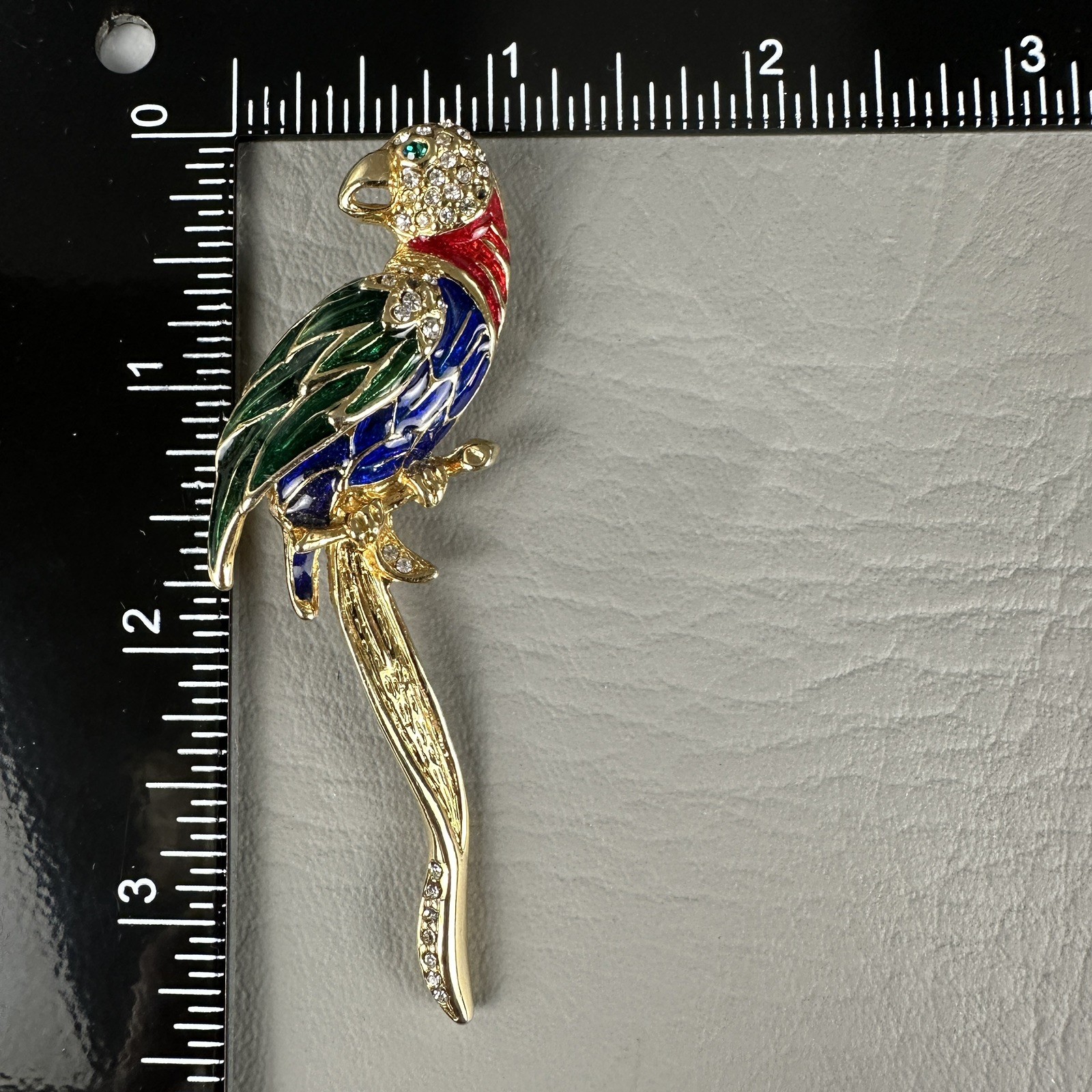 Vintage Parrot Bird Brooch Rhinestone Enamel Gold Tone Tropical Figural Pin