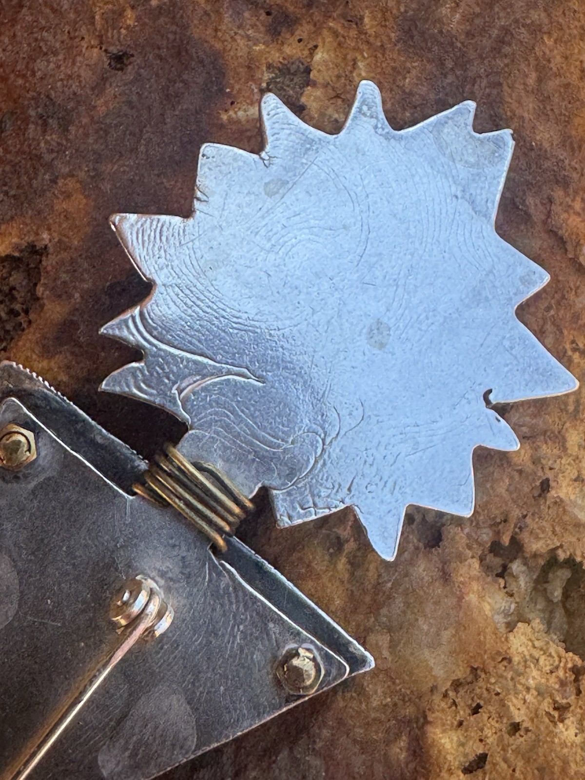 Sterling Silver Artisan Brooch, Mixed Metals Signed 15 Grams 3 1/4”