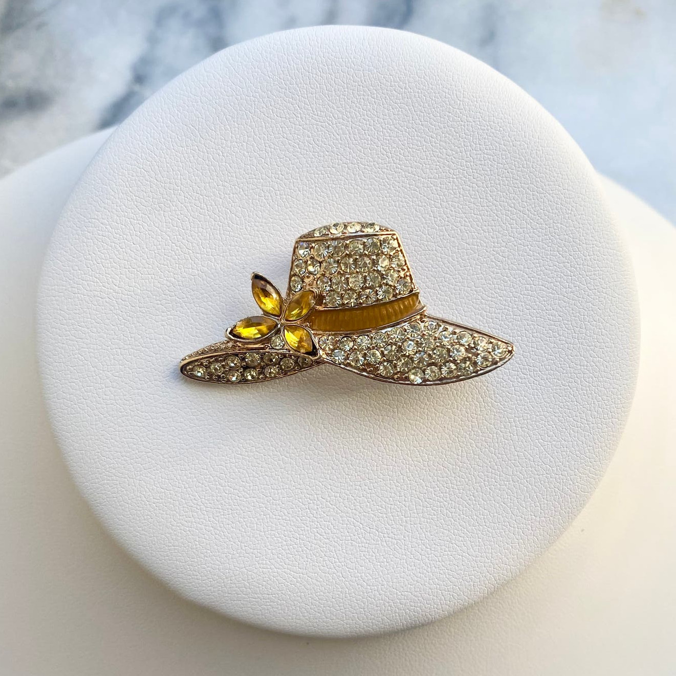 Vintage Monet Gold Tone Pin Crystals Enameled Summer Hat 1930s to 1950s Coquette