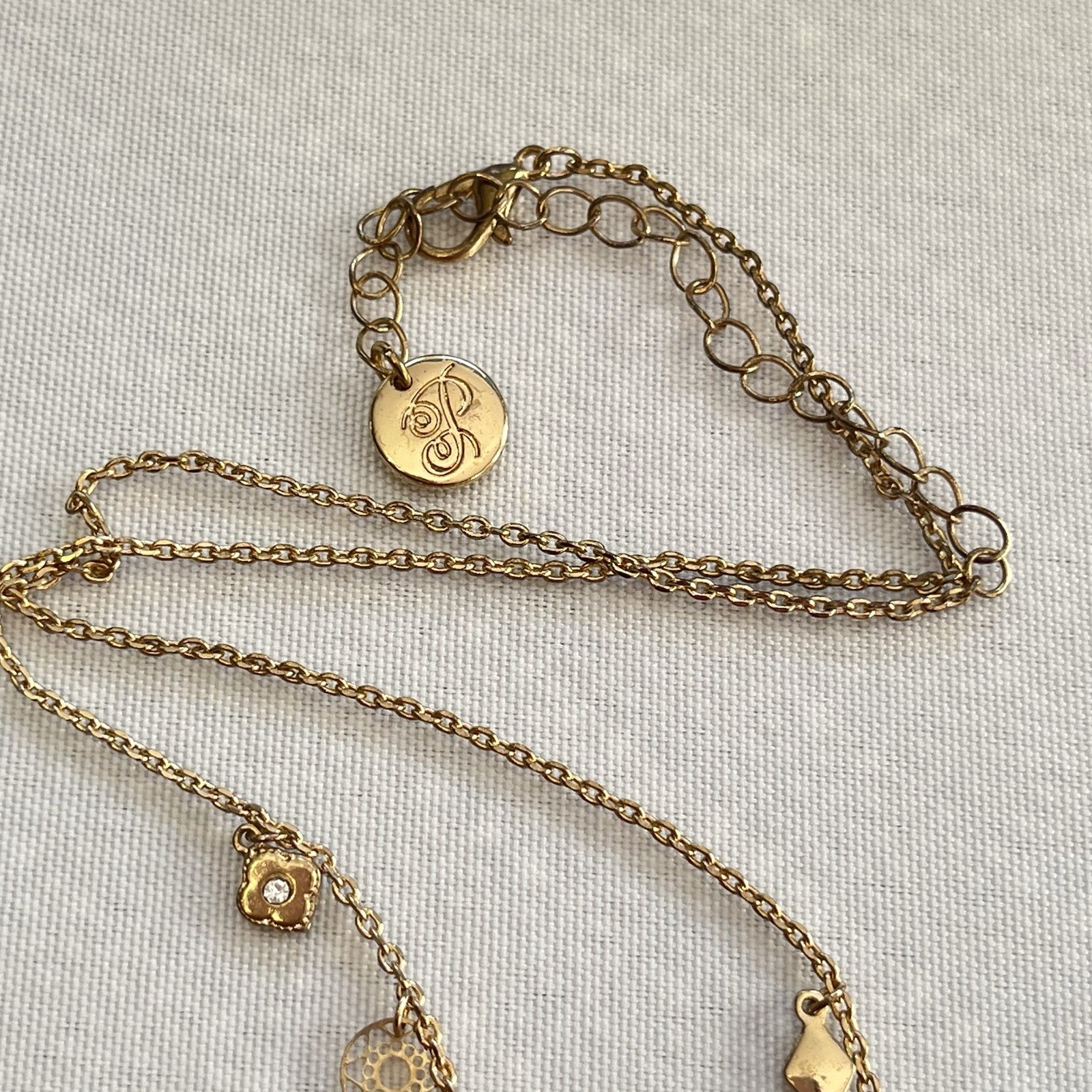 Dainty Gold Tone Rhinestone Charm Station Necklace PLUNDER DESIGNS 18″