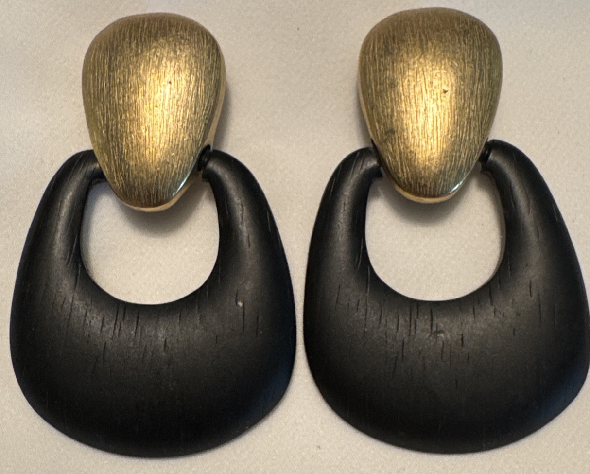 Fernando Originals (FO Inc) Gold Clip/Black Wood Drop Dangle Statement Earrings