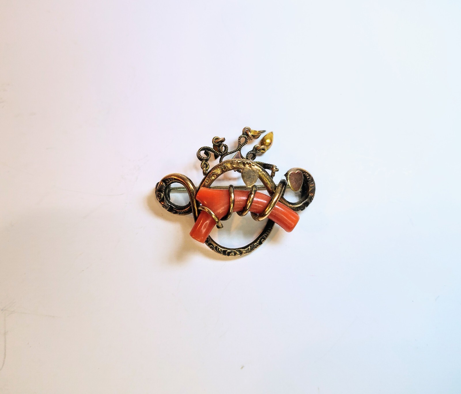 Antique 1800’s Victorian Gold Filled Red Coral Double Heart Love Knot Brooch/Pin