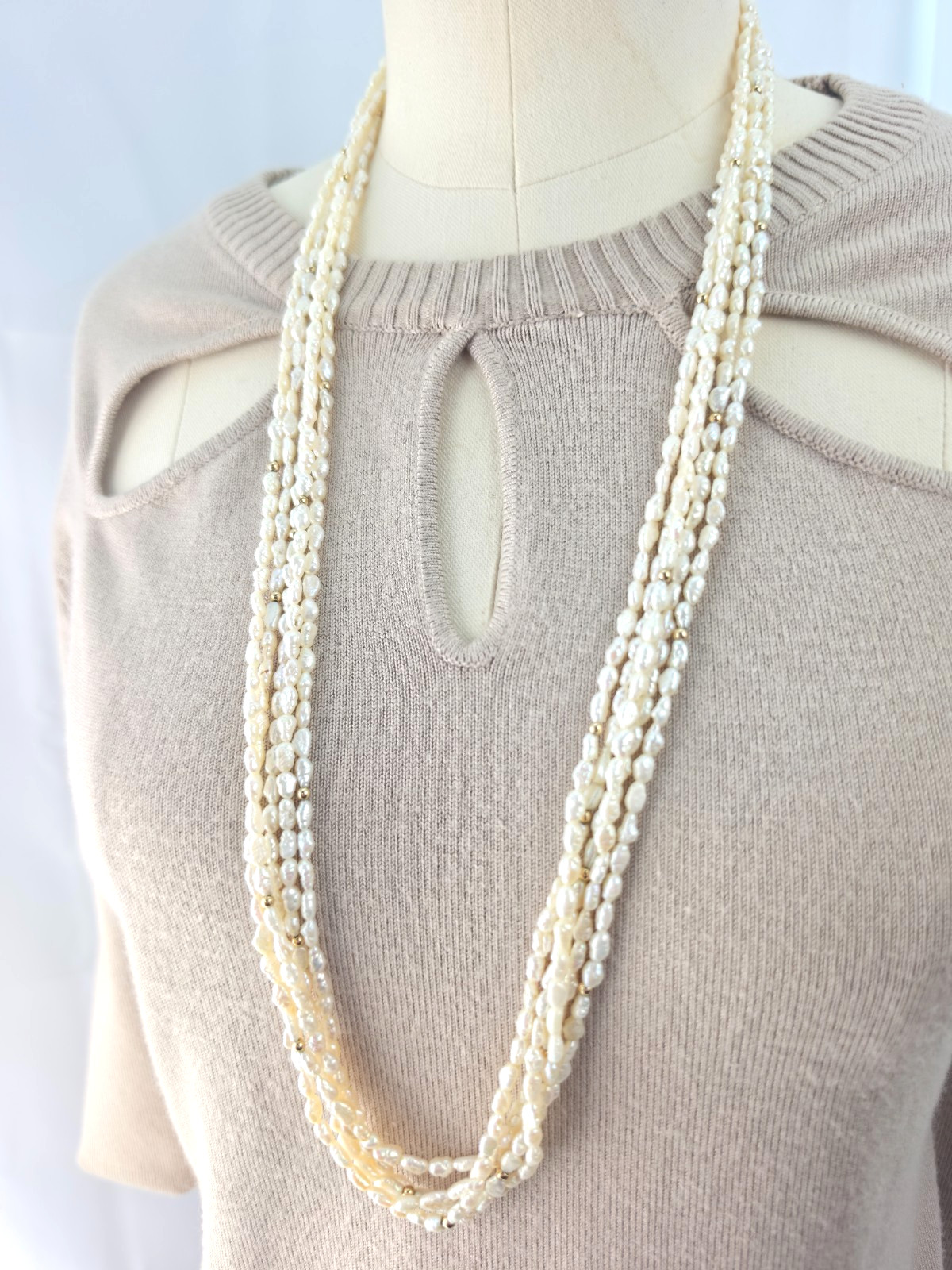 Vintage 5 Strand Cream Rice Pearl 35″ Necklace 14k Yellow Gold Accents