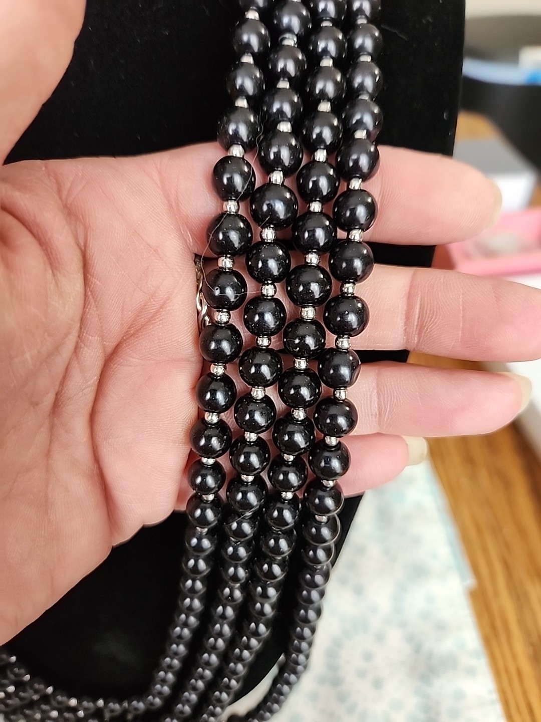 NWT JTV BLACK ONYX MULTI STRAND Long Beaded Necklacew Silver Spacers Statement