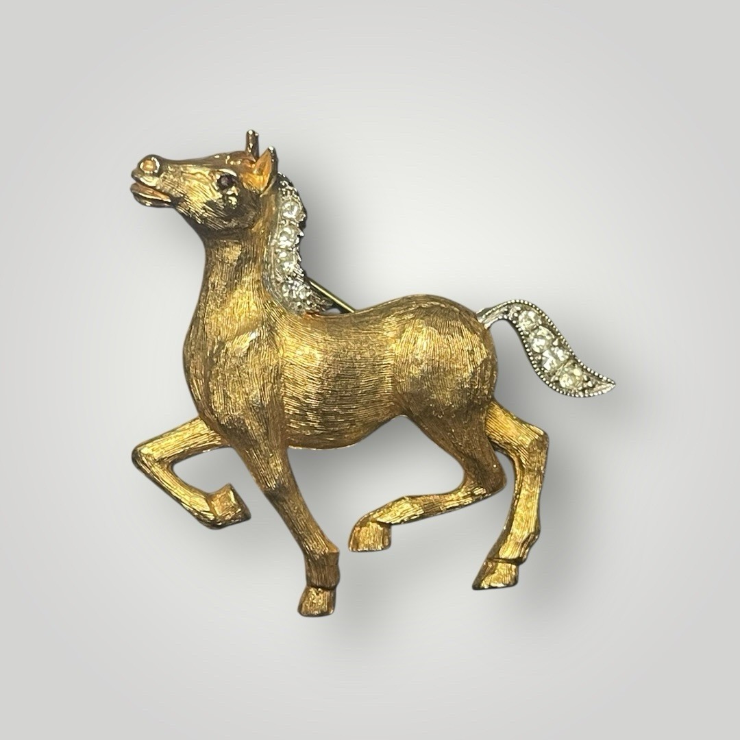 Vintage JJ Jonette Running Horse Brooch Gold Tone Rhinestone Mane Tail Pin