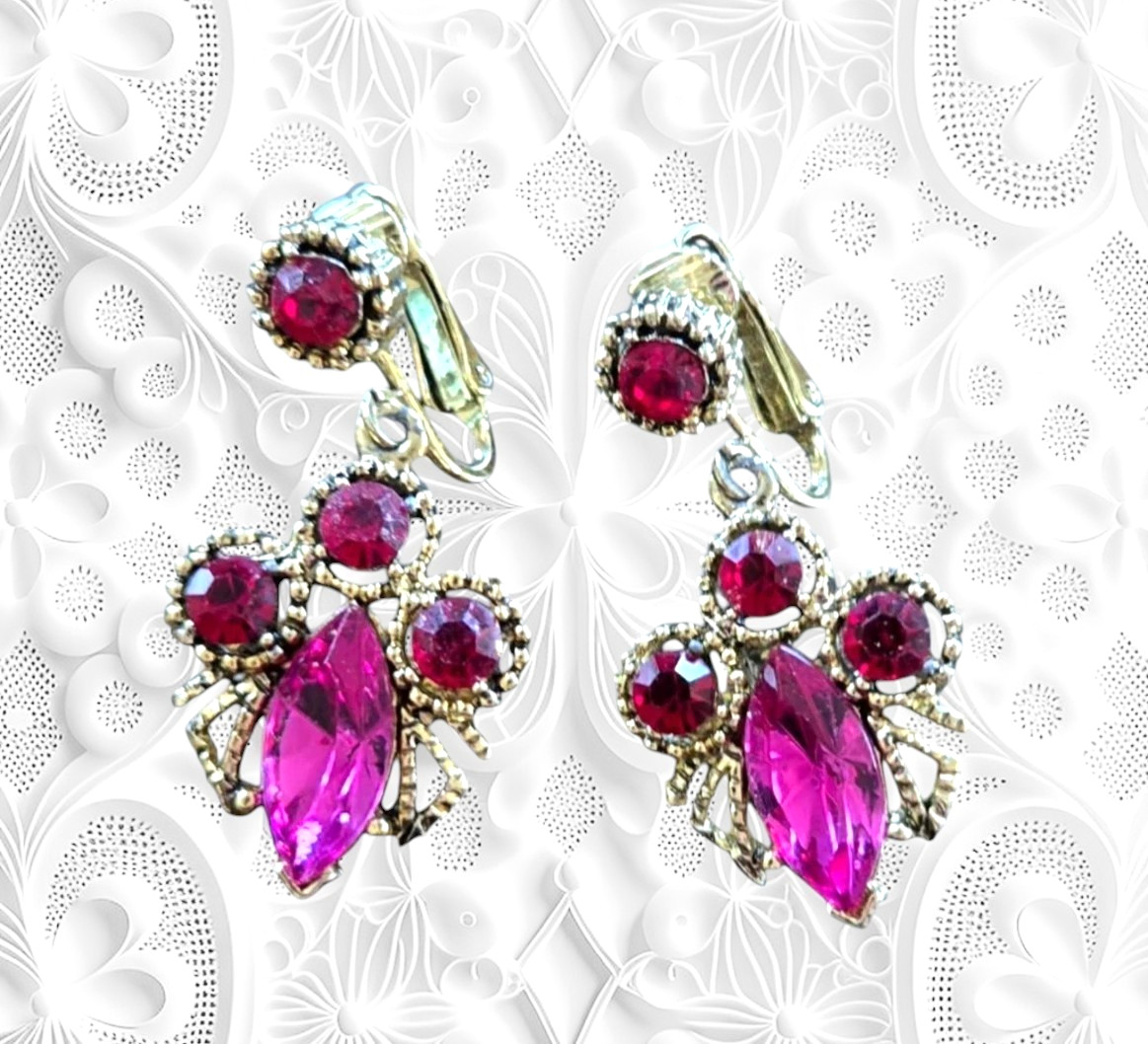 1960s Red Pink Fuchsia Rhinestone Dangle Earrings Vintage Retro Jewelry