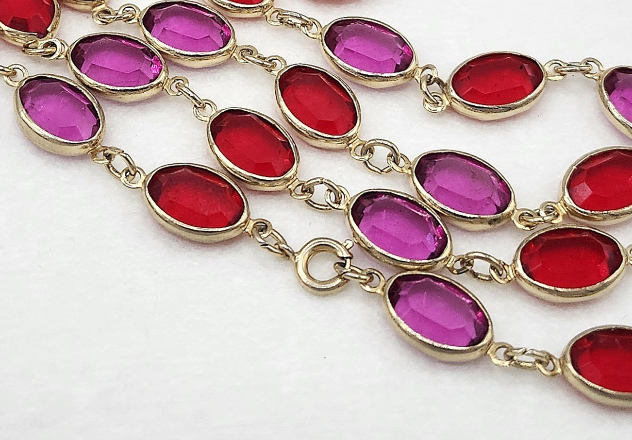 Vintage Bezel Set Oval Fuchsia Pink & Red Crystal Opera Length Necklace 29″ Long
