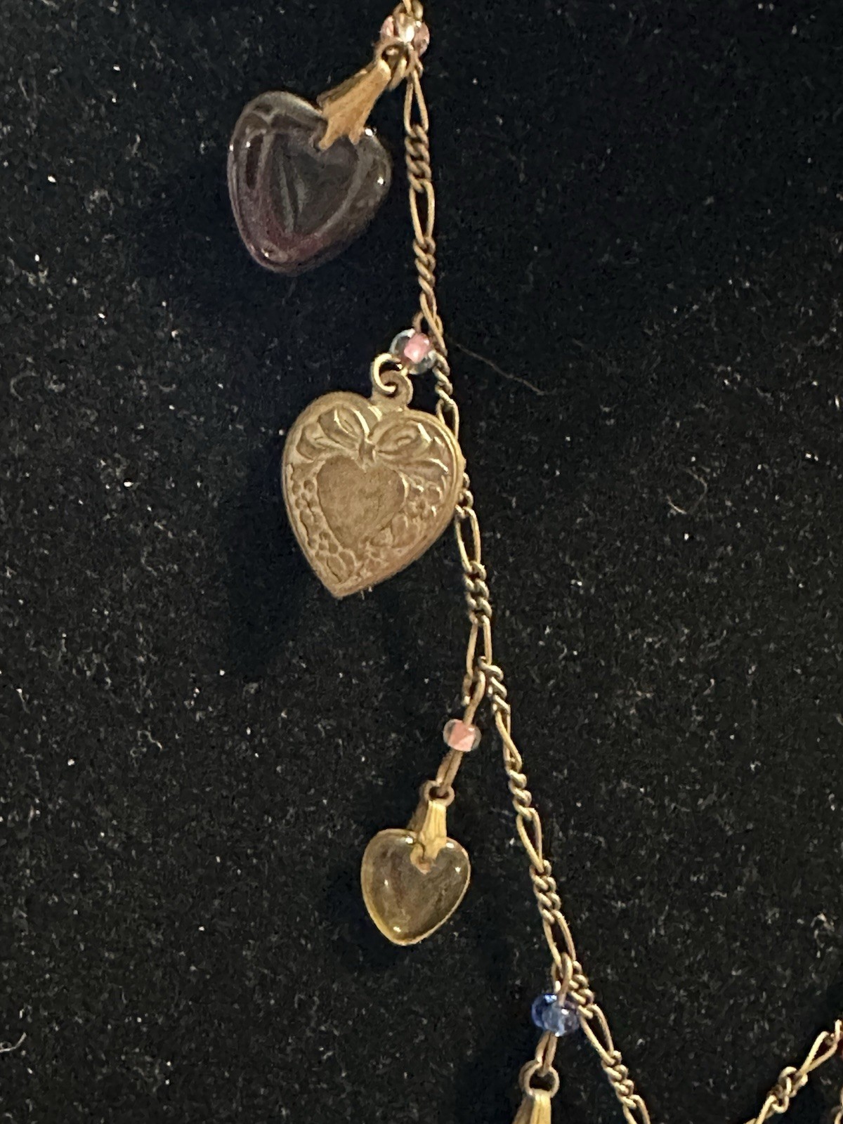 Vintage Glass Works Studio Glass & Brass Heart Charms Multi Color Necklace