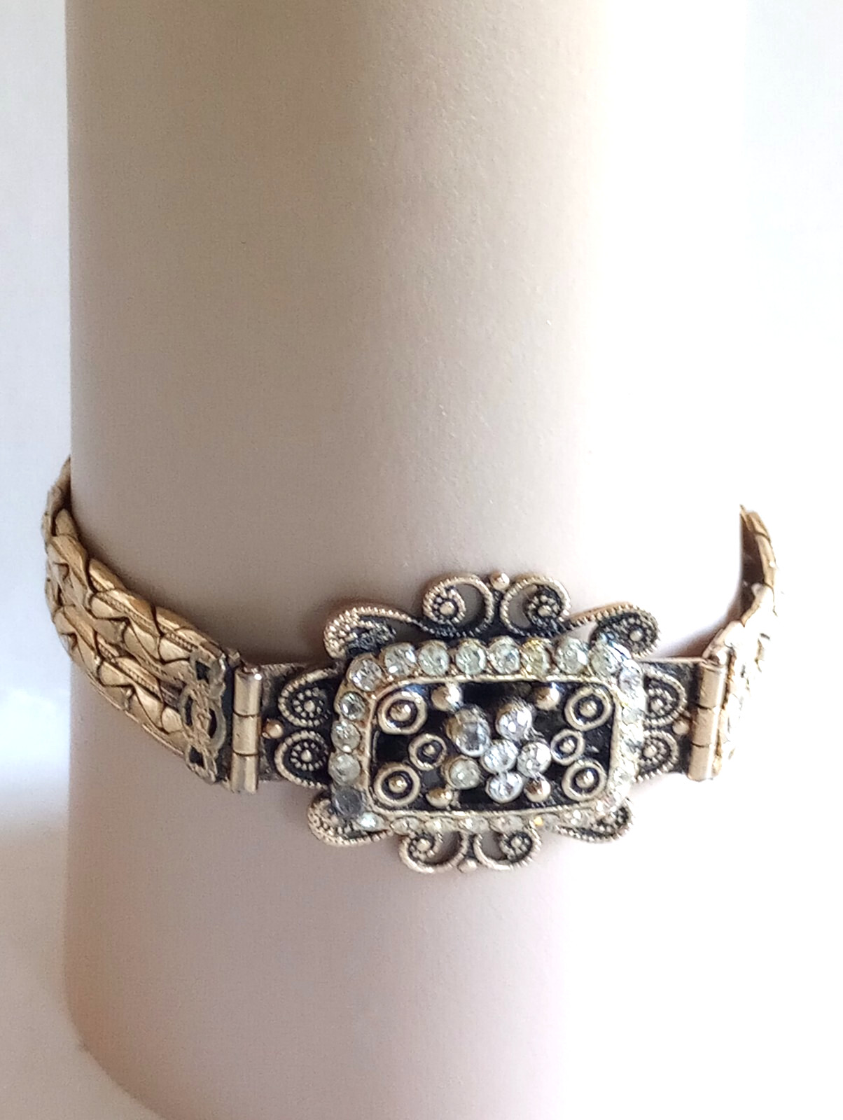 VINTAGE JEWELRY SET DECO FILIGREE CANNETILLE BRACELET PENDANT BRASS GOLD PLATED