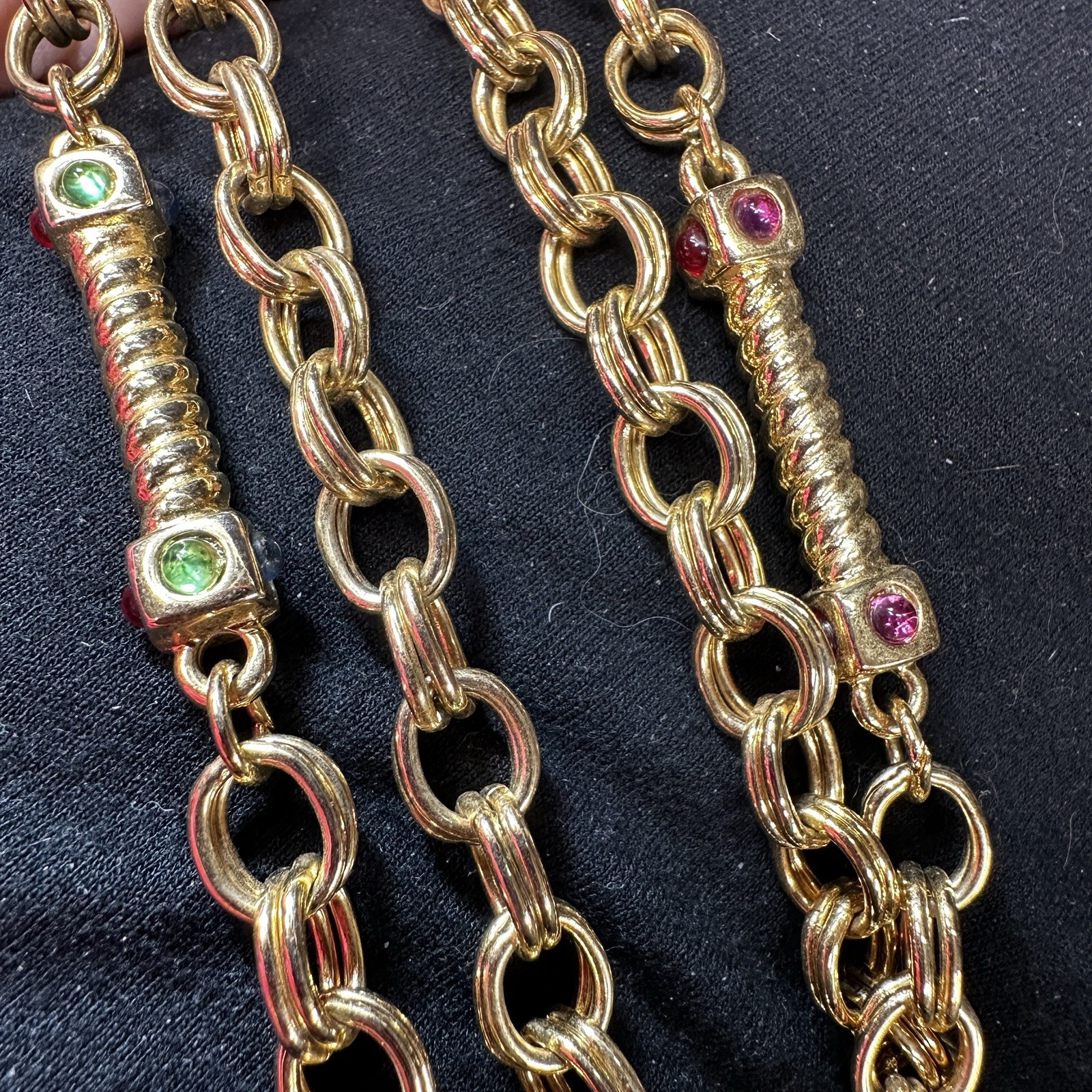 Vintage Necklace Station Bar Goldtone Chain Cabochon Colorful Royal Style 34 in