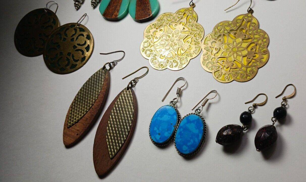 Lot of 8 Pairs Earrings + Crafts Vintage Pierced Wire Hooks Boho Wood Ceramic