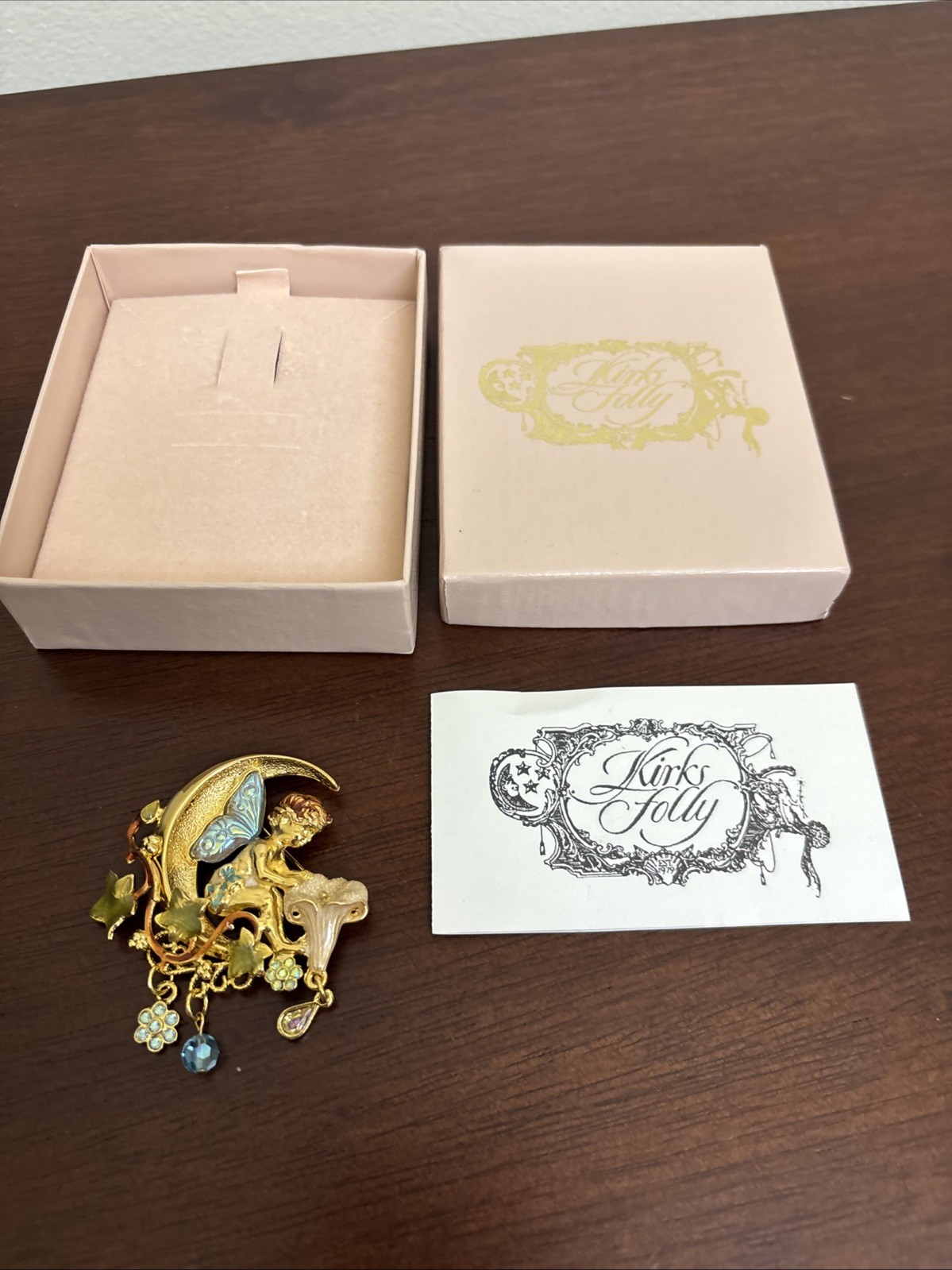 Vintage Kirks Folly Gold Fairy on Crescent Moon Dangle Brooch w Charms 2″