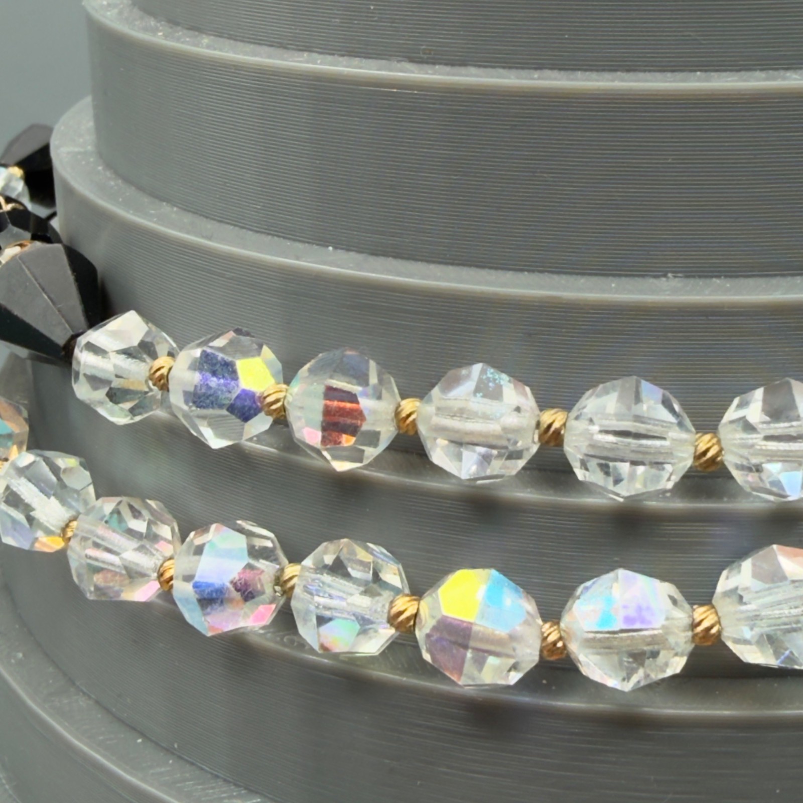 Vintage Black Clear Crystal Beaded Necklace Rhinestone Clasp 15″