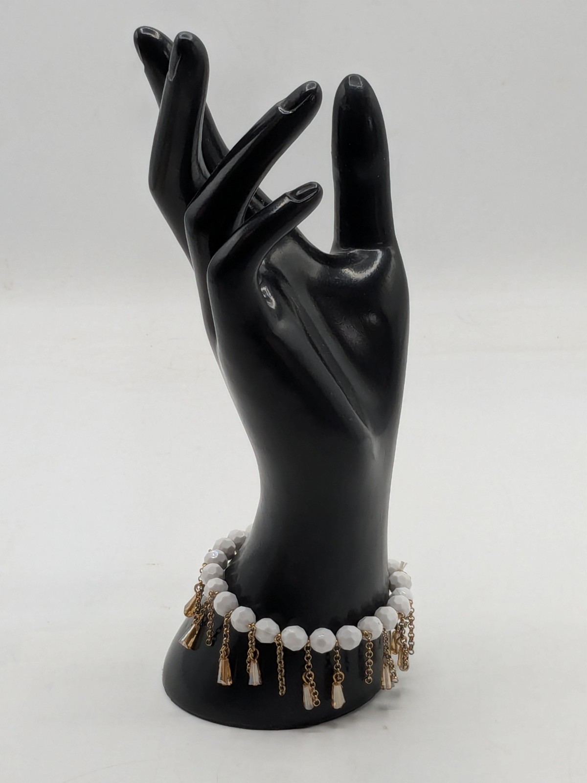 Vintage Gold Tone White Beaded Bracelet with Champagne Color Dangles