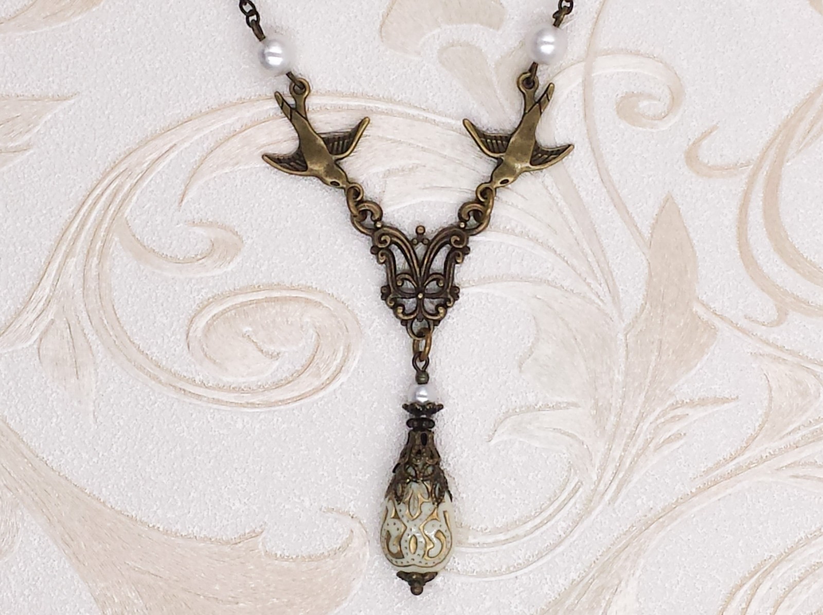 Victorian Necklace- Cream Acrylic Bead Simulated Crystal Pearl Antiqued Bird