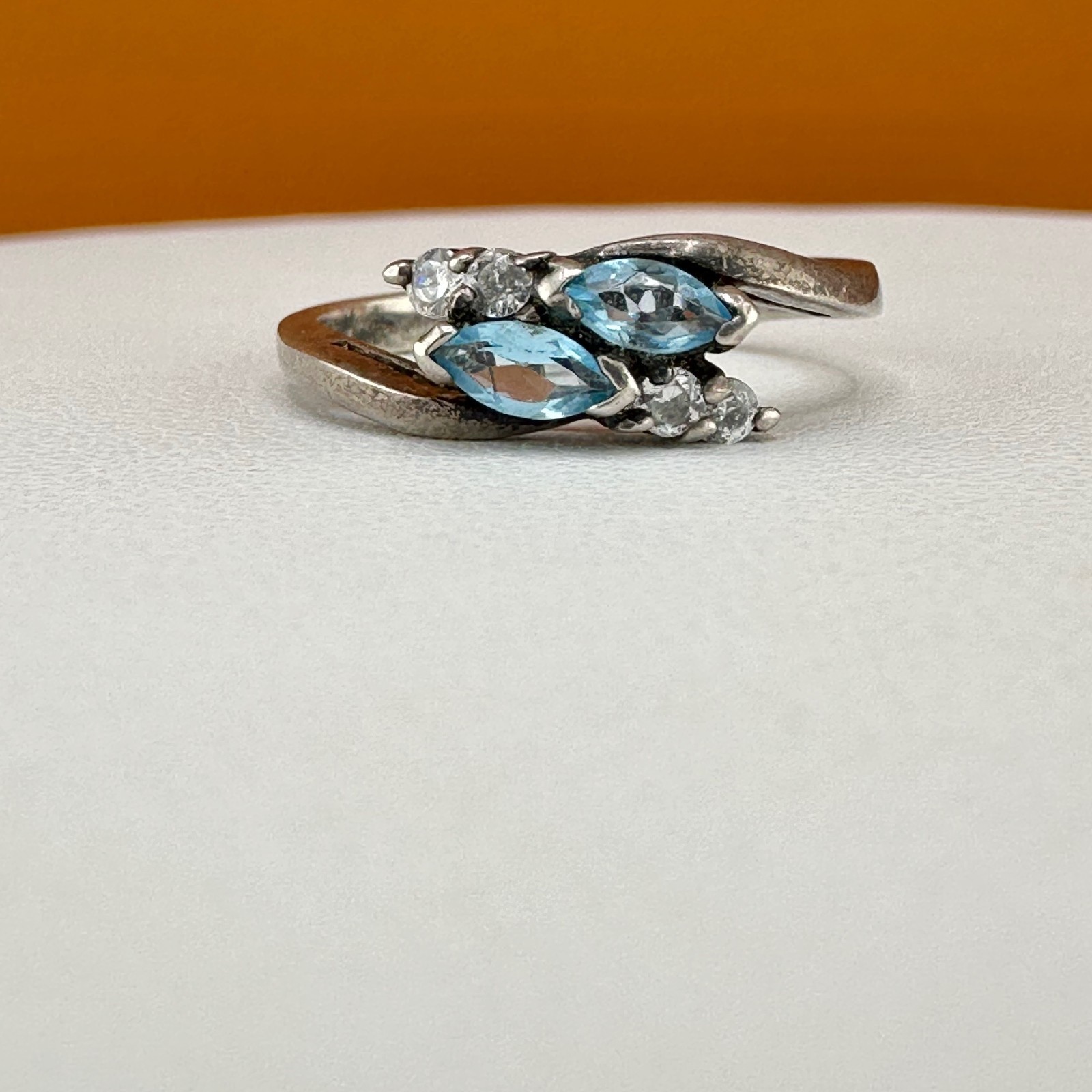 Vintage Sterling Silver Blue Topaz Ring Marquise Cut Dainty Size 6.75 Signed