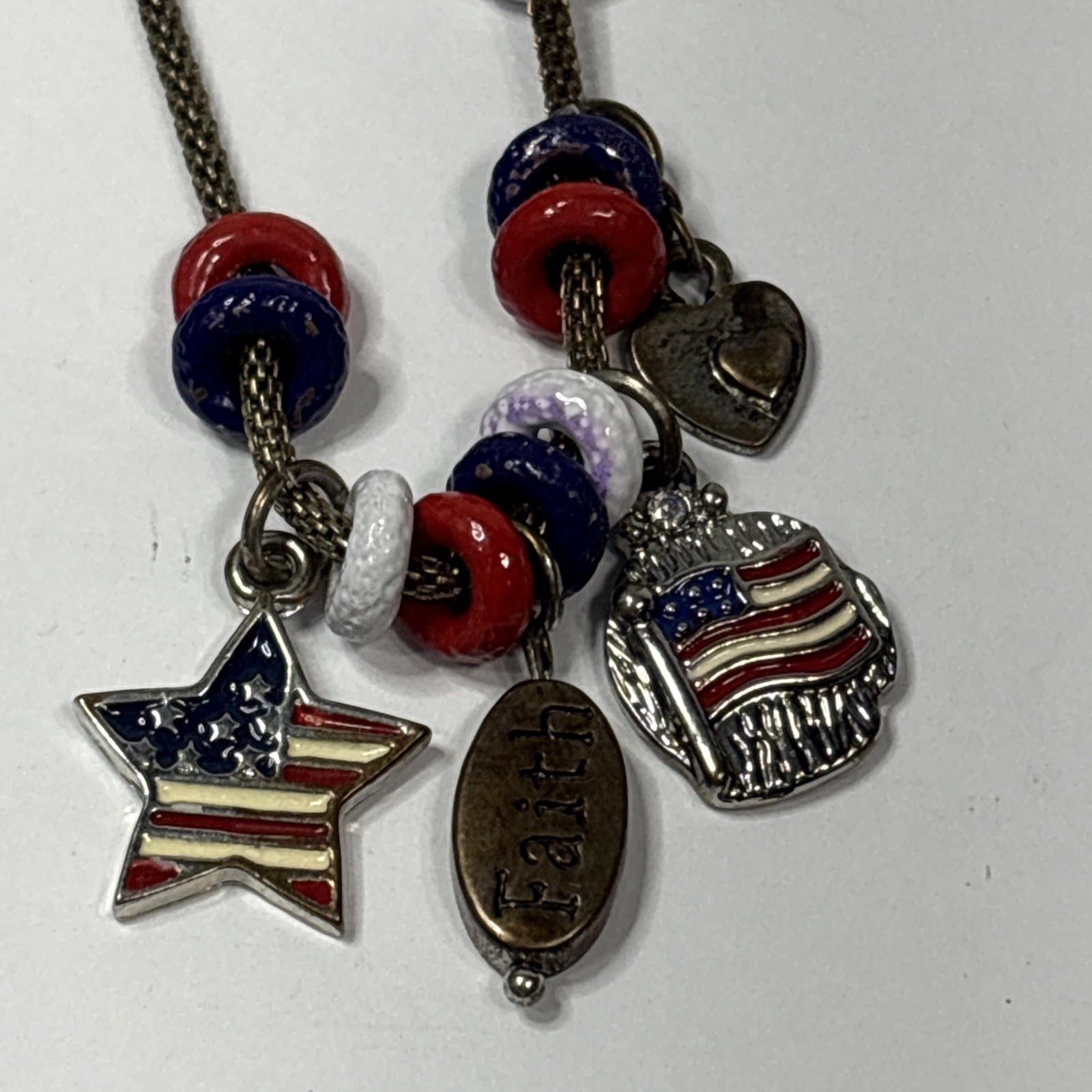 Patriotic Charm Necklace 4th of July Flag 18” Popcorn Chain Red White Blue