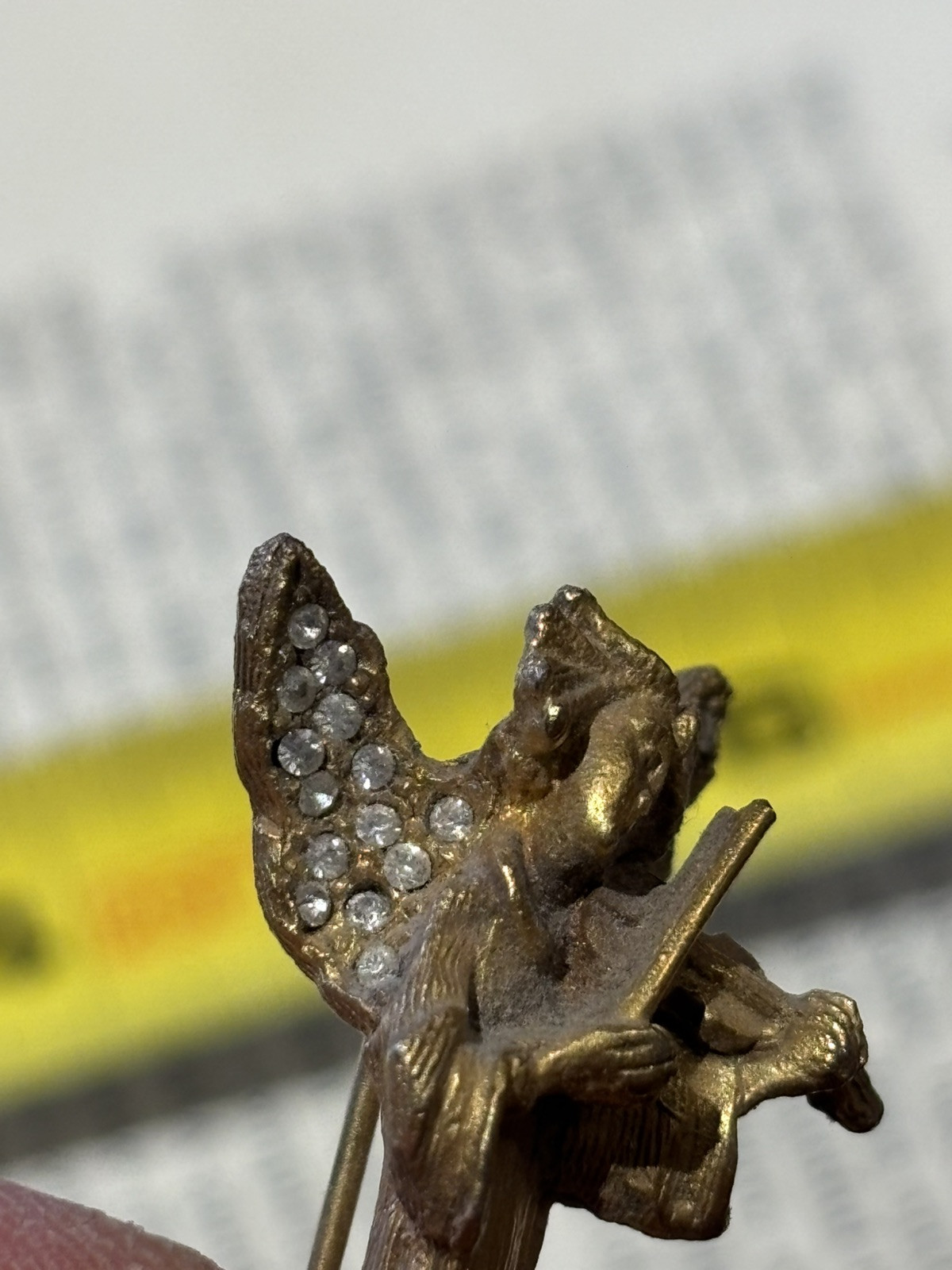 Vintage Antique Angel Pin Brooch Gold Colored Metal With Gems