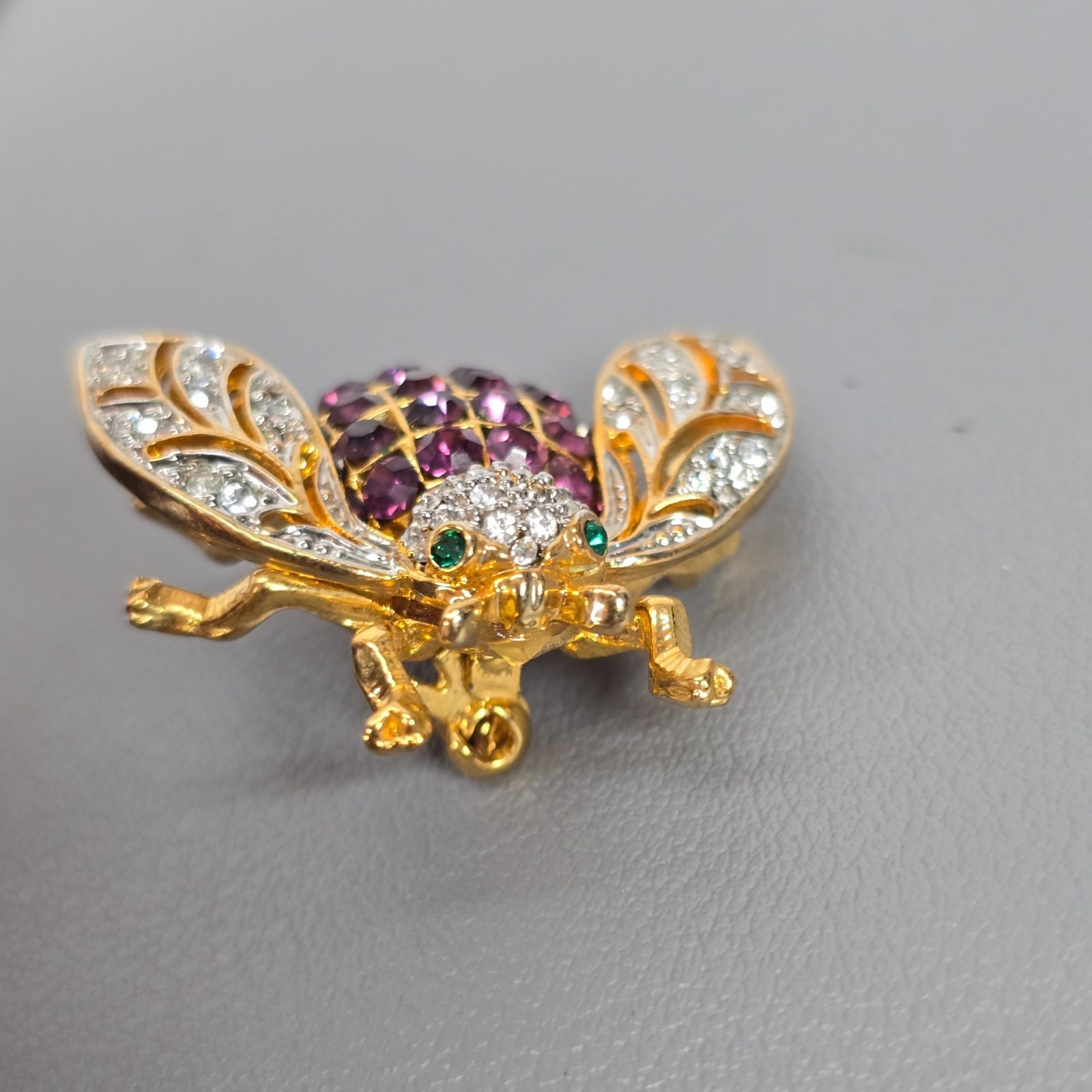 Cool Gold-Tone Bee Bug Brooch Pin W/ Purple Green & White Rhinestone Crystals