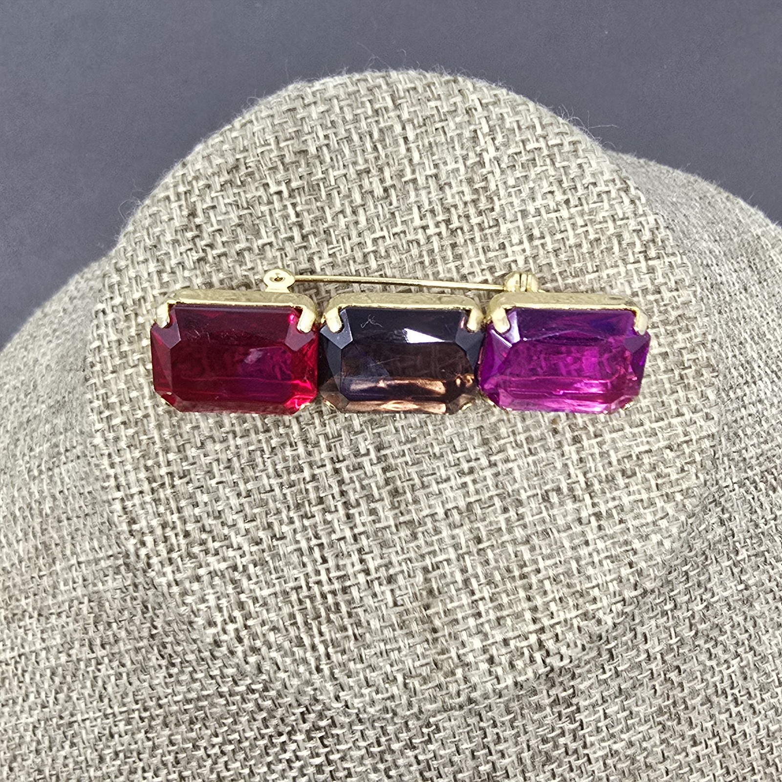 Vtg Red Purple Pink Fusia Brooch 80s Geometric Rectangle 1980s