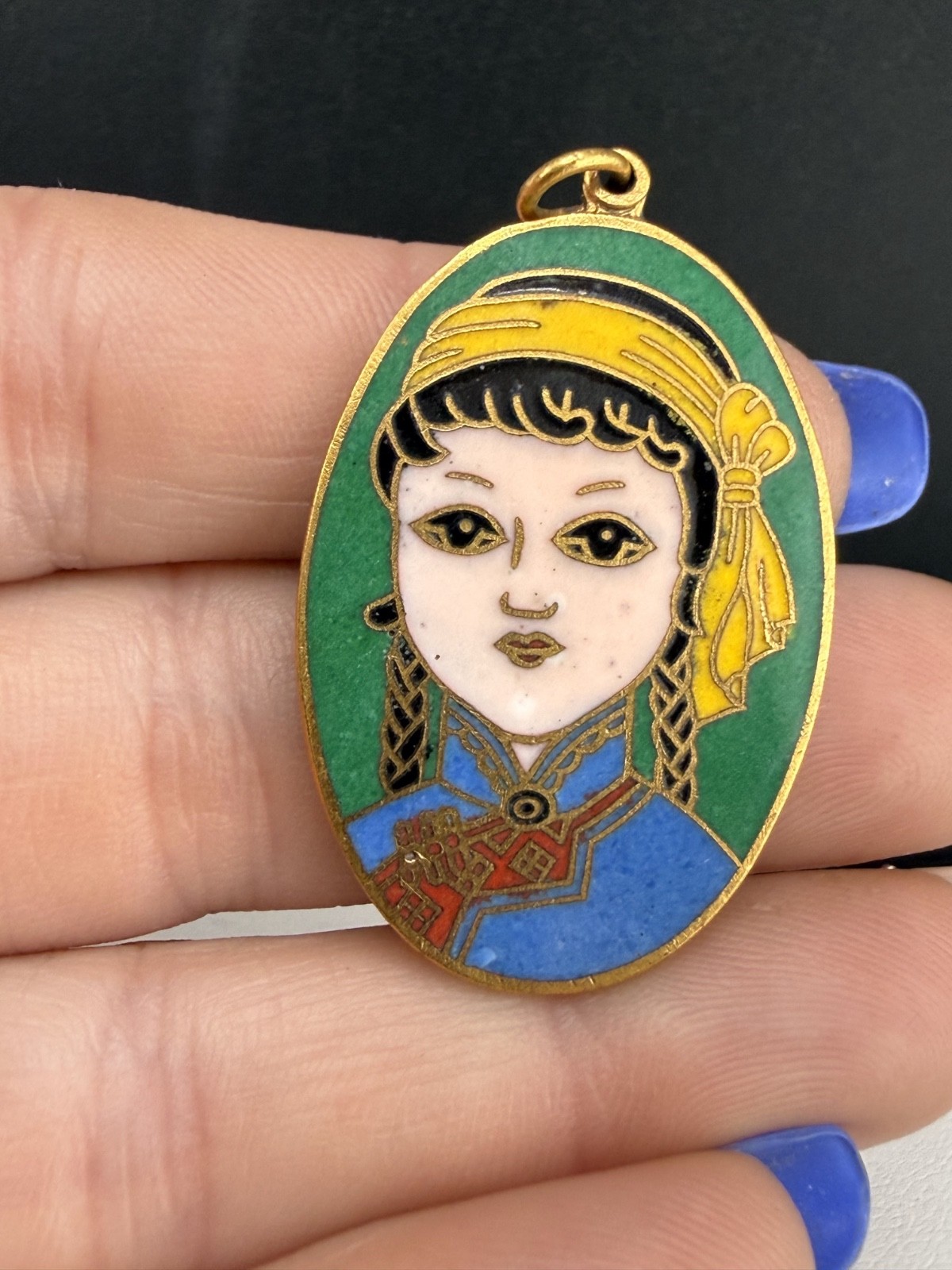 Vintage Cloisonne Pendant Gold Tone Enamel Person