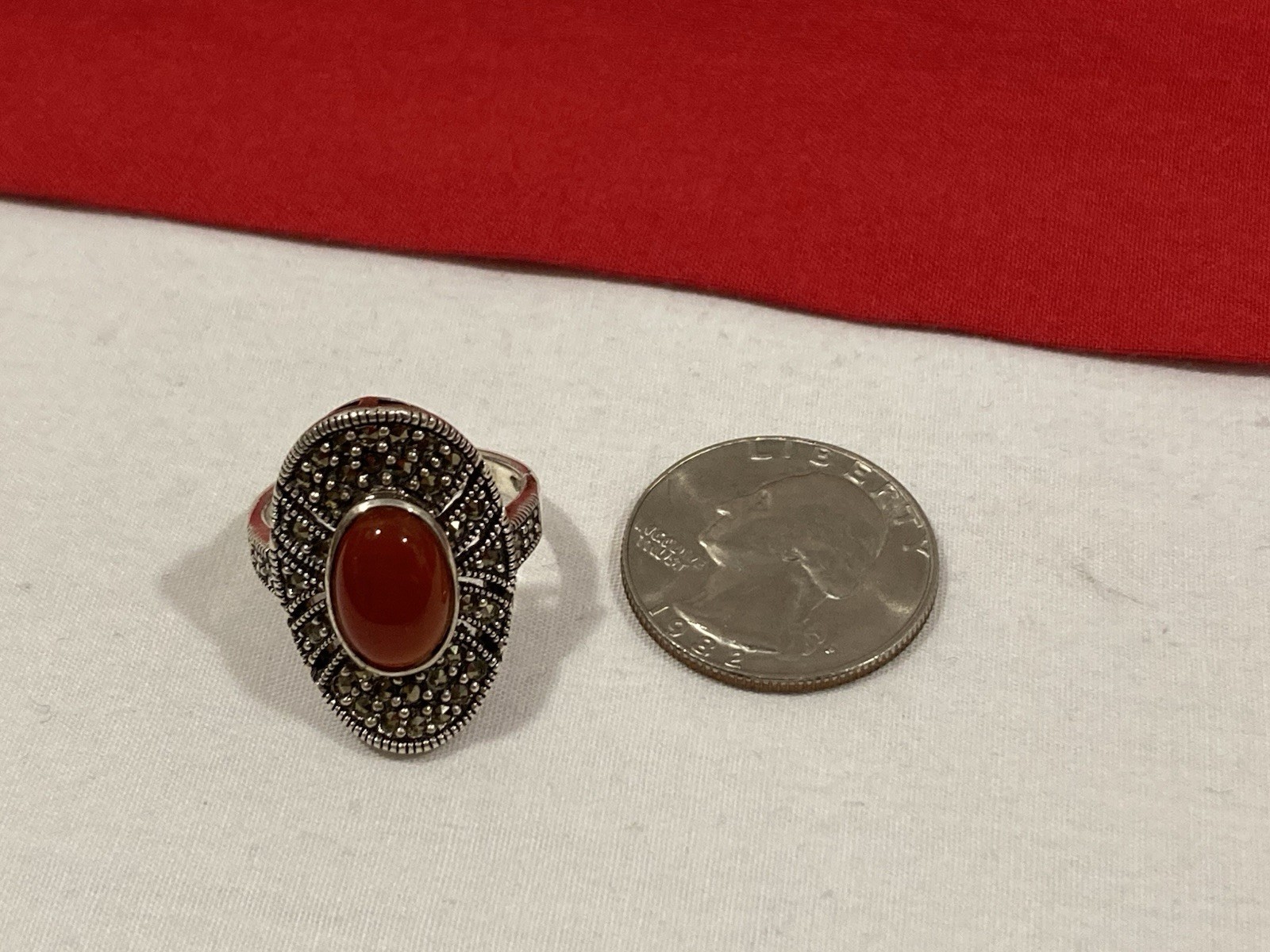Vintage KL 925 Sterling Silver Carnelian Marcasite Dome Band Ring SIZE 8.75