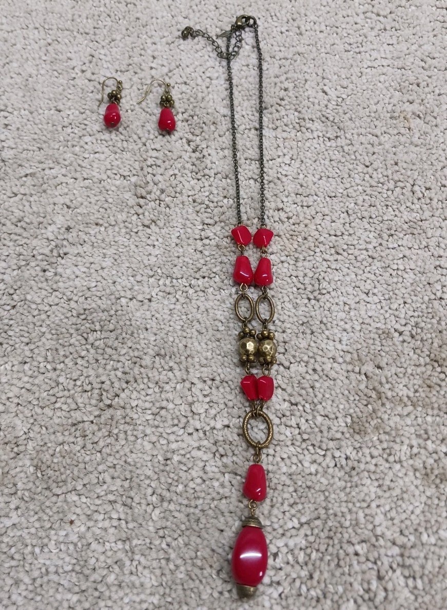 Unbranded Design Gold-Red Tone Beaded Necklace W/ Earrings