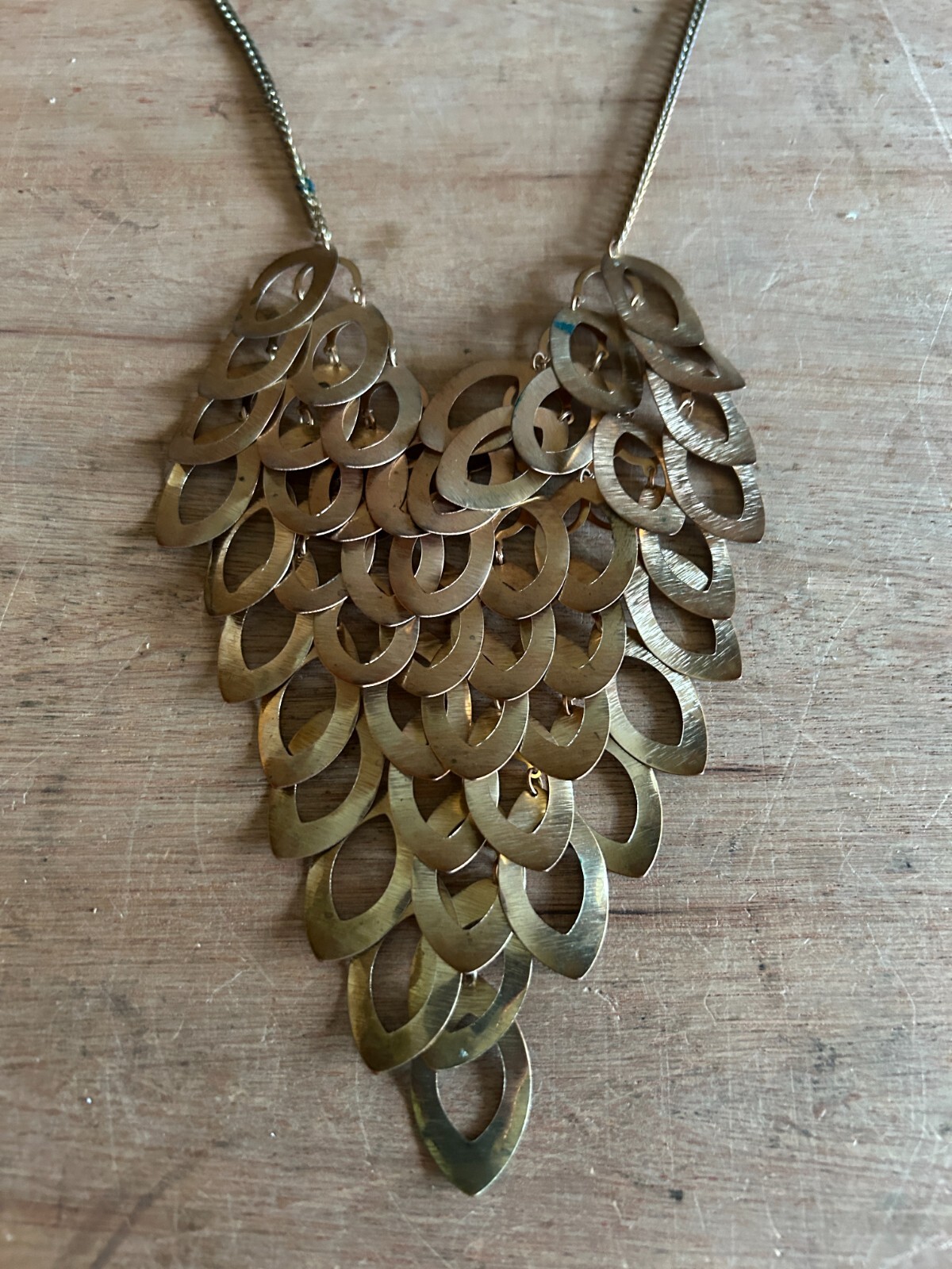 Bib Necklace Overlapping Dangling Layered Costume Teardrop Brass Tone Vintage