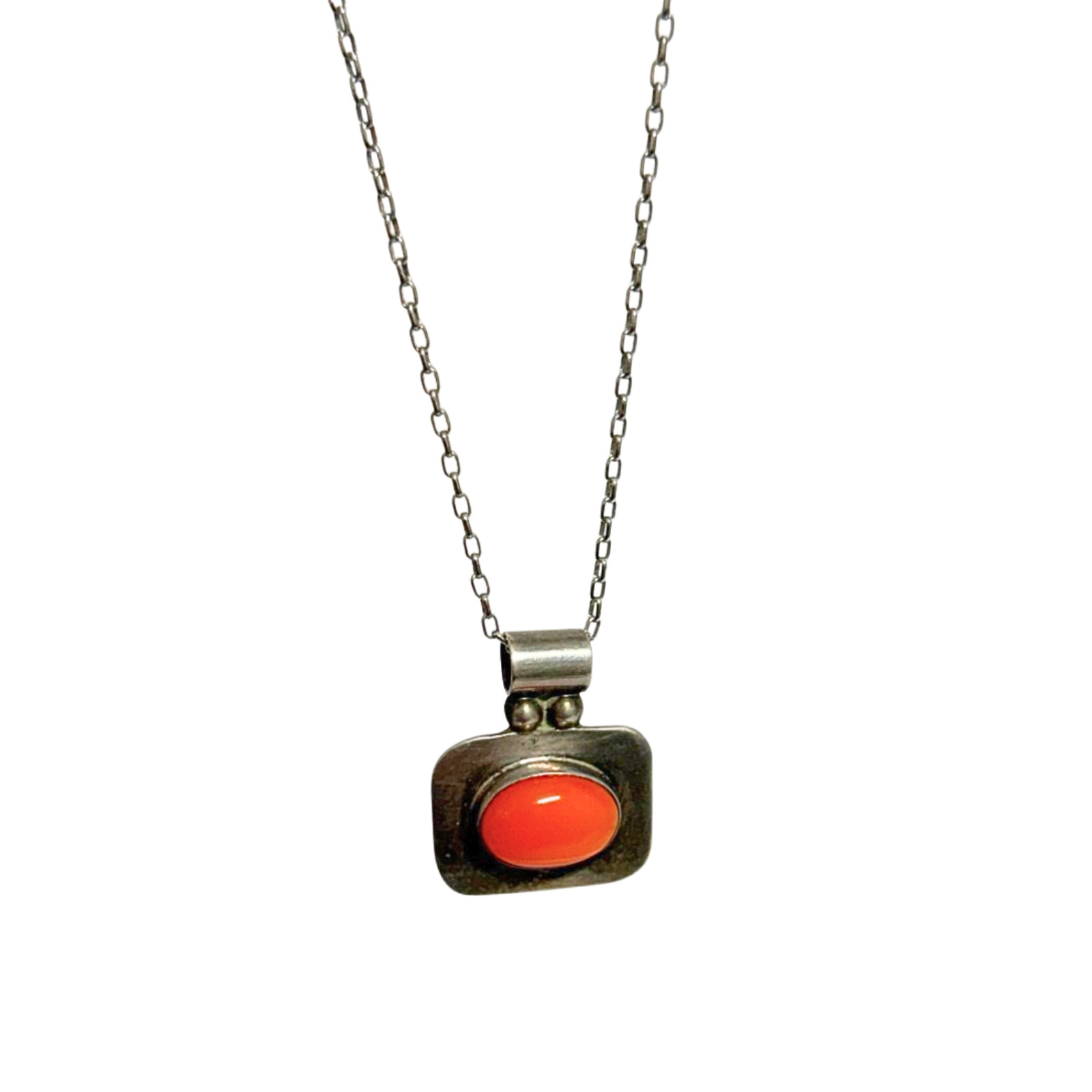 Vintage ATI Mexico 925 Sterling Silver Coral Cabochon Pendant Necklace Signed
