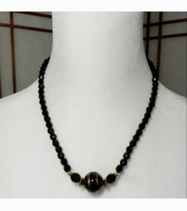 Vogue Black Glass Art Deco Necklace 17″