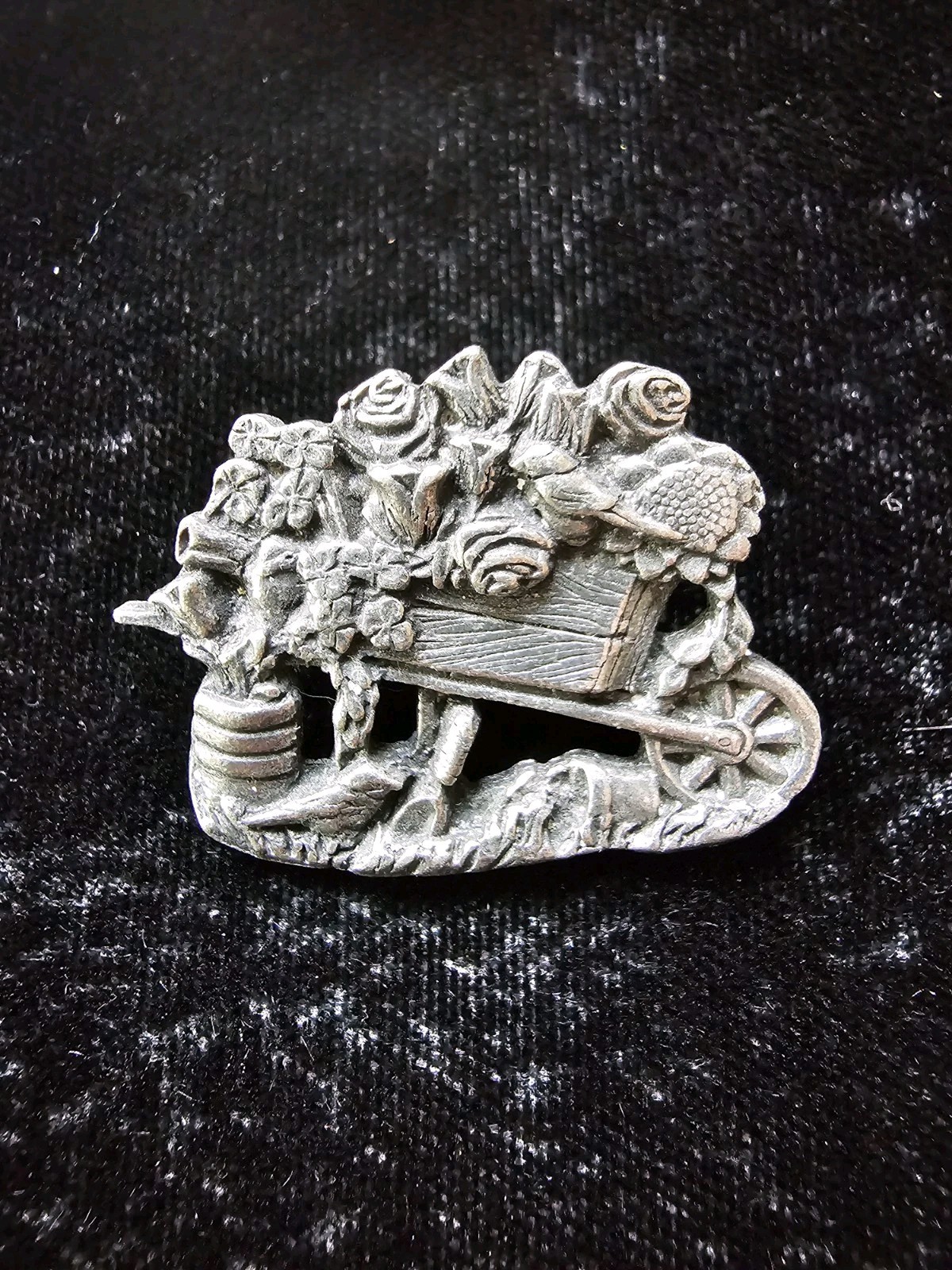Birds & Blooms 2001 Limited Ed Wheelbarrow Flowers Rose Signed Pewter Brooch