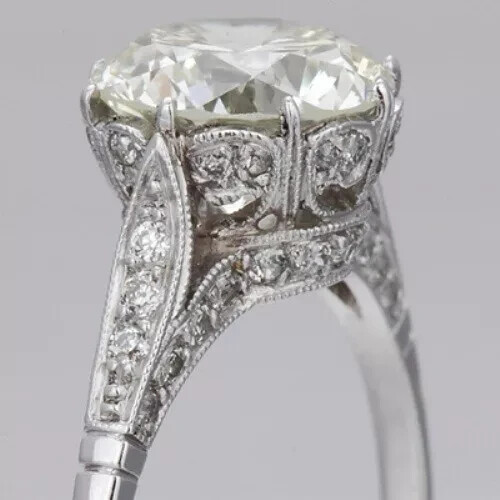 Art Deco Style White Lab Created Diamond Engagement 14K White Gold Finish Ring