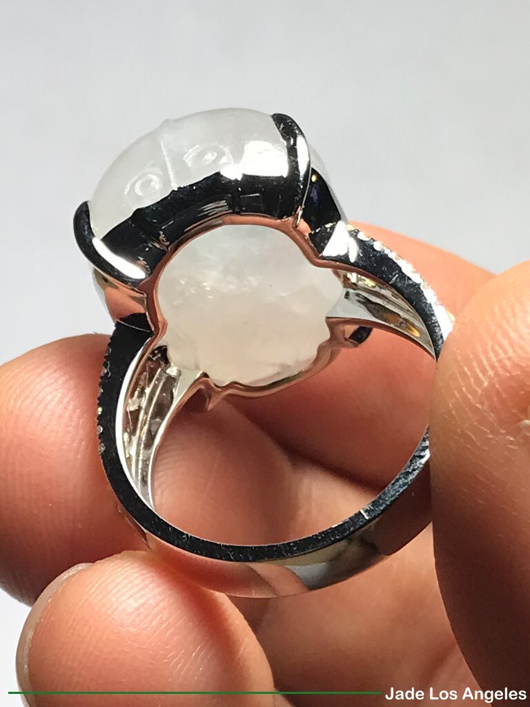Pi Xiu Pixiu Icy Jadeite Jade 18K White/Rose Gold Diamond Ring 45ct Size:7.5
