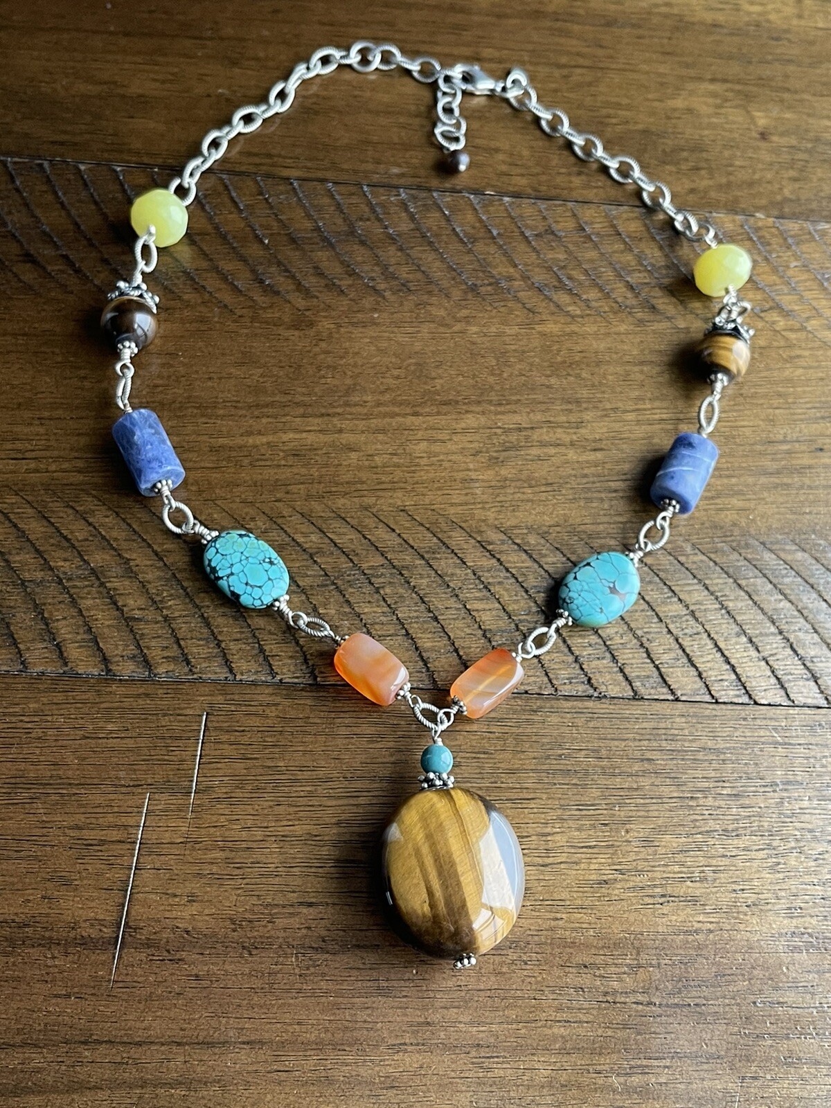 Sally C Treaures SX 925 Silver Multi Stones Tiger’s Eye Pendant Necklace