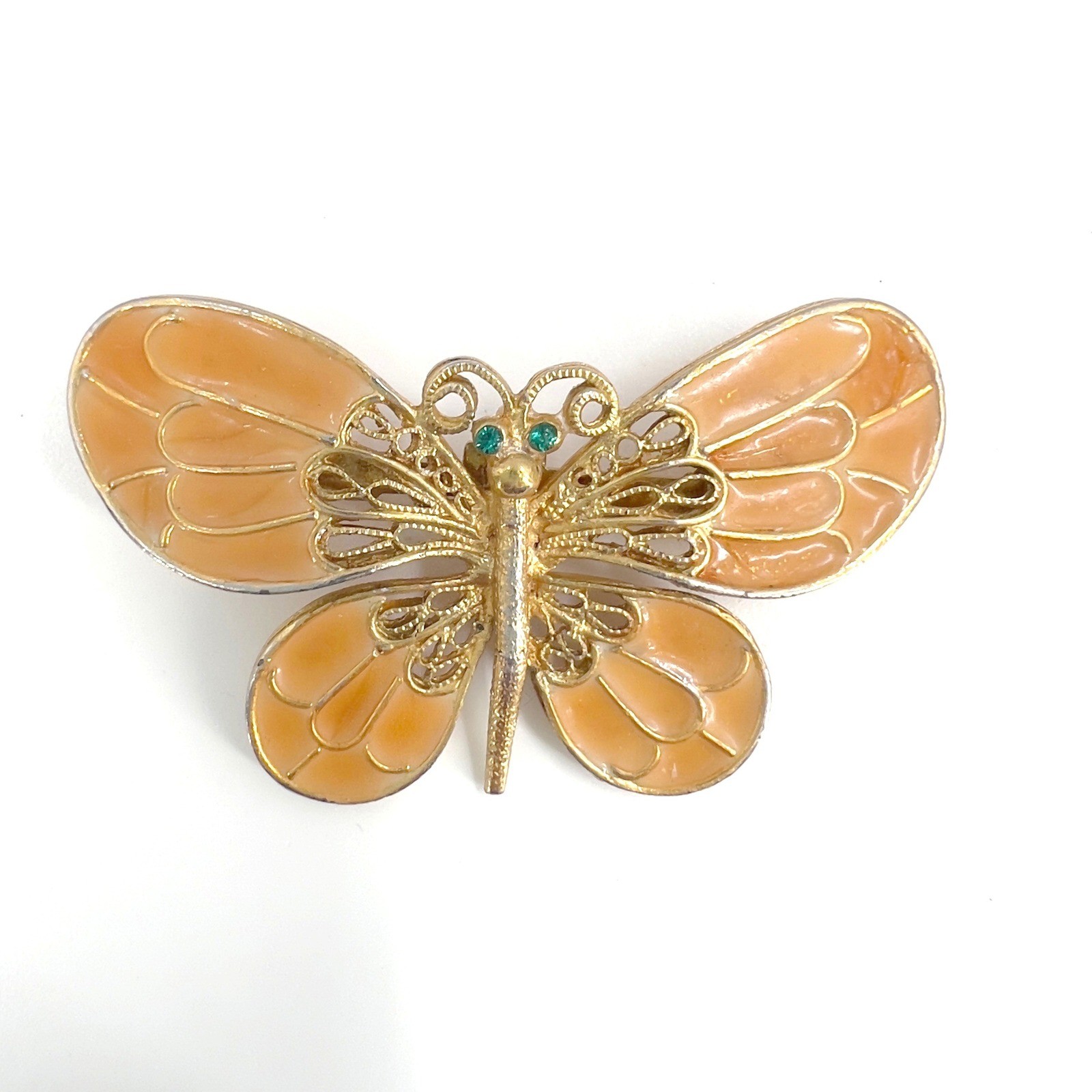 Vintage Butterfly Brooch Set Gold Tone Peach Pink Enamel Rhinestone 2pc